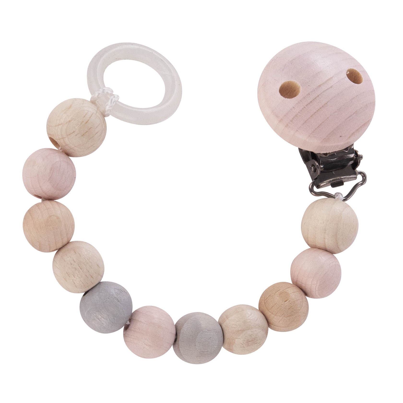 Eine Schnullerkette aus naturfarbenem und rosa Holz mit runden Perlen und einem Clip zum Befestigen. im Dregeno Online Shop günstig kaufen