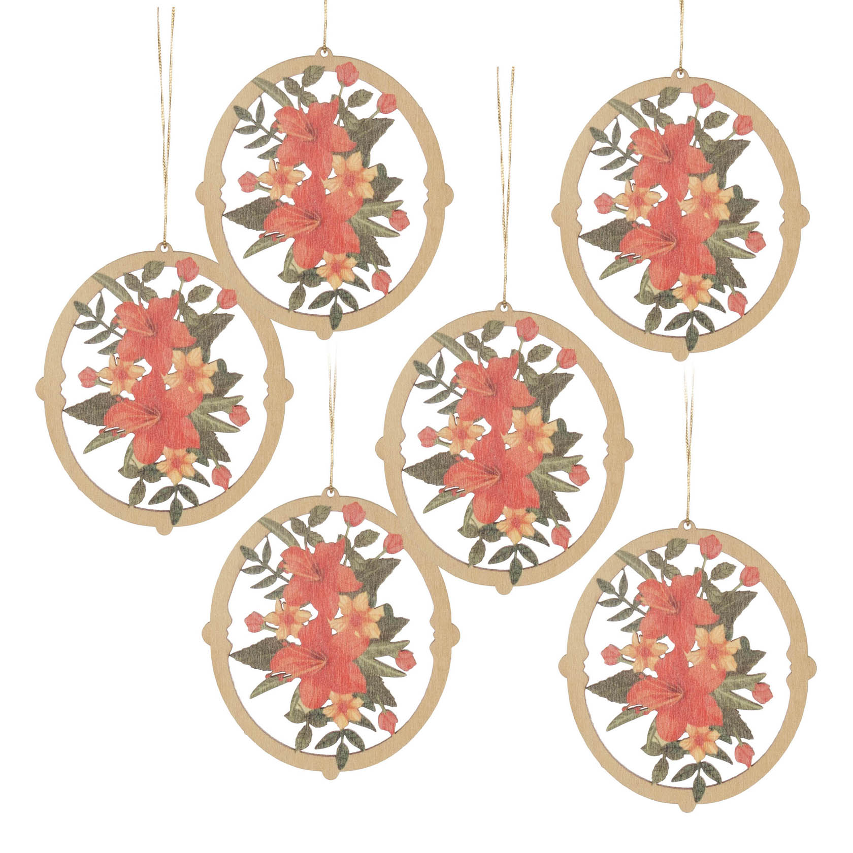 Sechs ovale Aufhänger mit roten Hibiskusblumen und grünen Blättern, aus dünnem Holz oder Pappe gefertigt.
