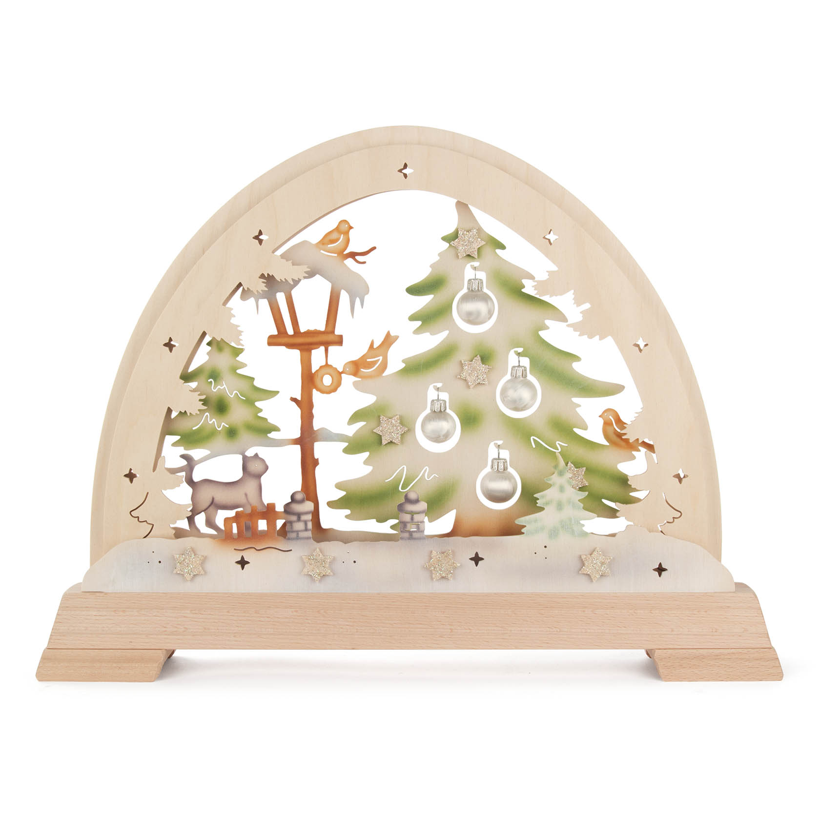 Holzbogen mit Weihnachtsbaum, verziert mit LED-beleuchteten Kugeln, einer Katze und einer Vogelhaus-Szene. Farbige elektrische Beleuchtung erhellt das Motiv. im Dregeno Online Shop günstig kaufen