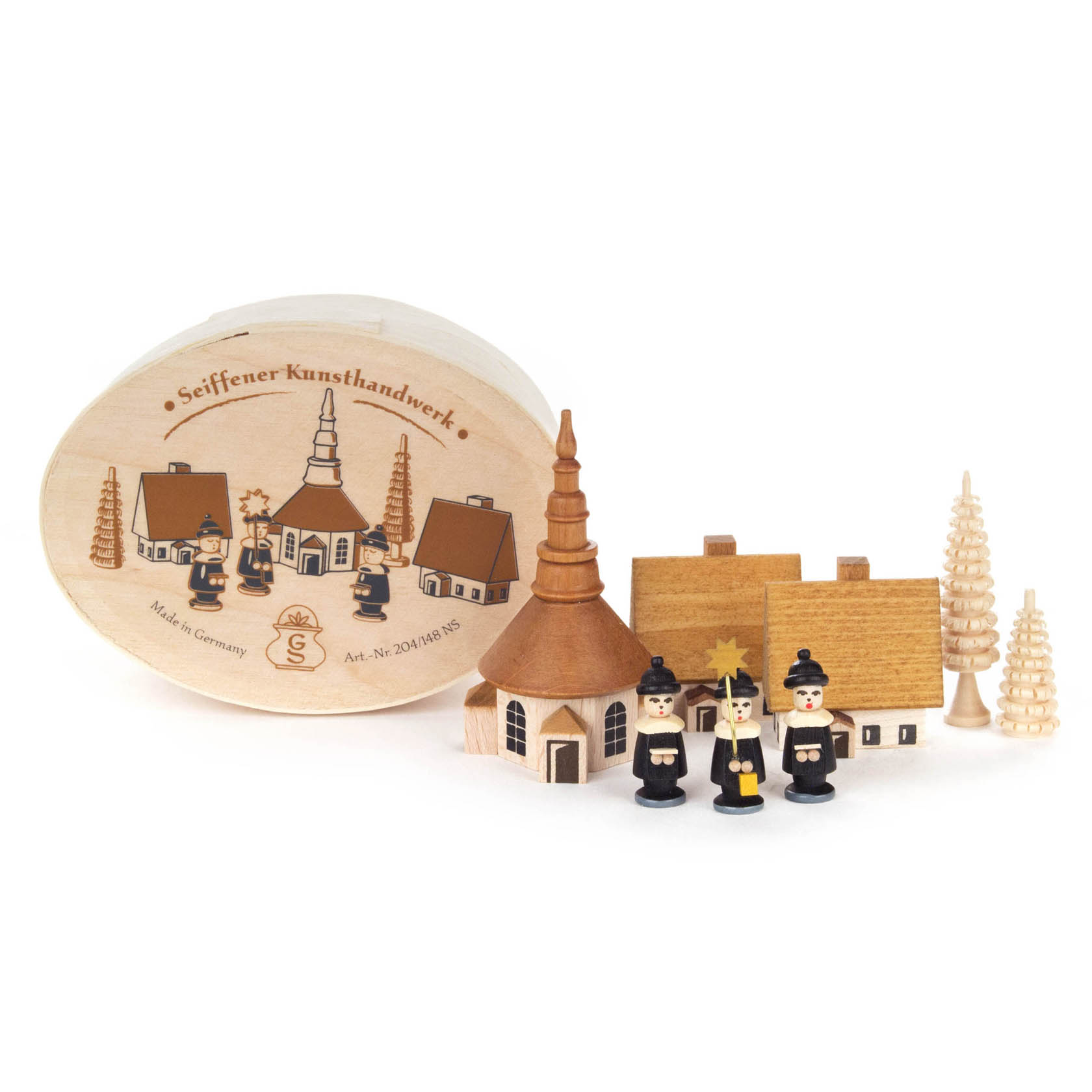 Holzkunstwerk: Seiffener Kirche mit Kurrende-Sängern und Spandose. Drei Sänger in traditioneller Kleidung, Kirche und Häuser sind handgefertigt. im Dregeno Online Shop günstig kaufen