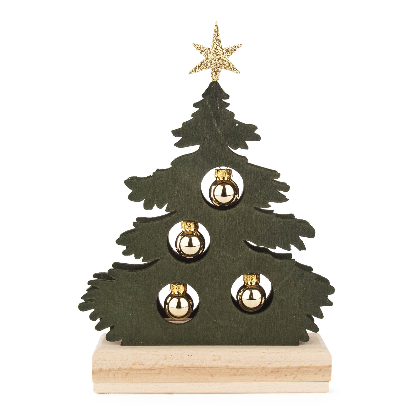 Eine dekorative Mini-Tanne in grün gebeiztem Holz mit vier goldenen Kugeln und einer goldenen Sternspitze, beleuchtet durch einen LED-Strip mit USB-Anschluss. im Dregeno Online Shop günstig kaufen