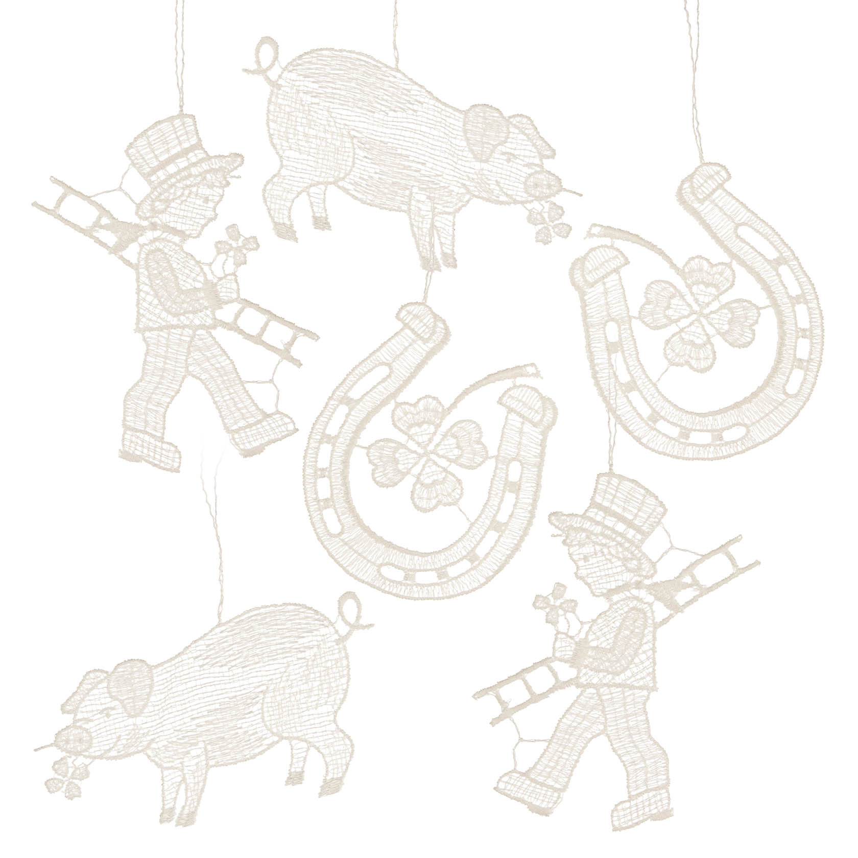 Sechs Dekorationen: zwei Schweine mit Kleeblättern im Mund, zwei Hufeisen mit Kleeblättern und zwei Schornsteinfeger mit Kleeblättern und Leitern. im Dregeno Online Shop günstig kaufen