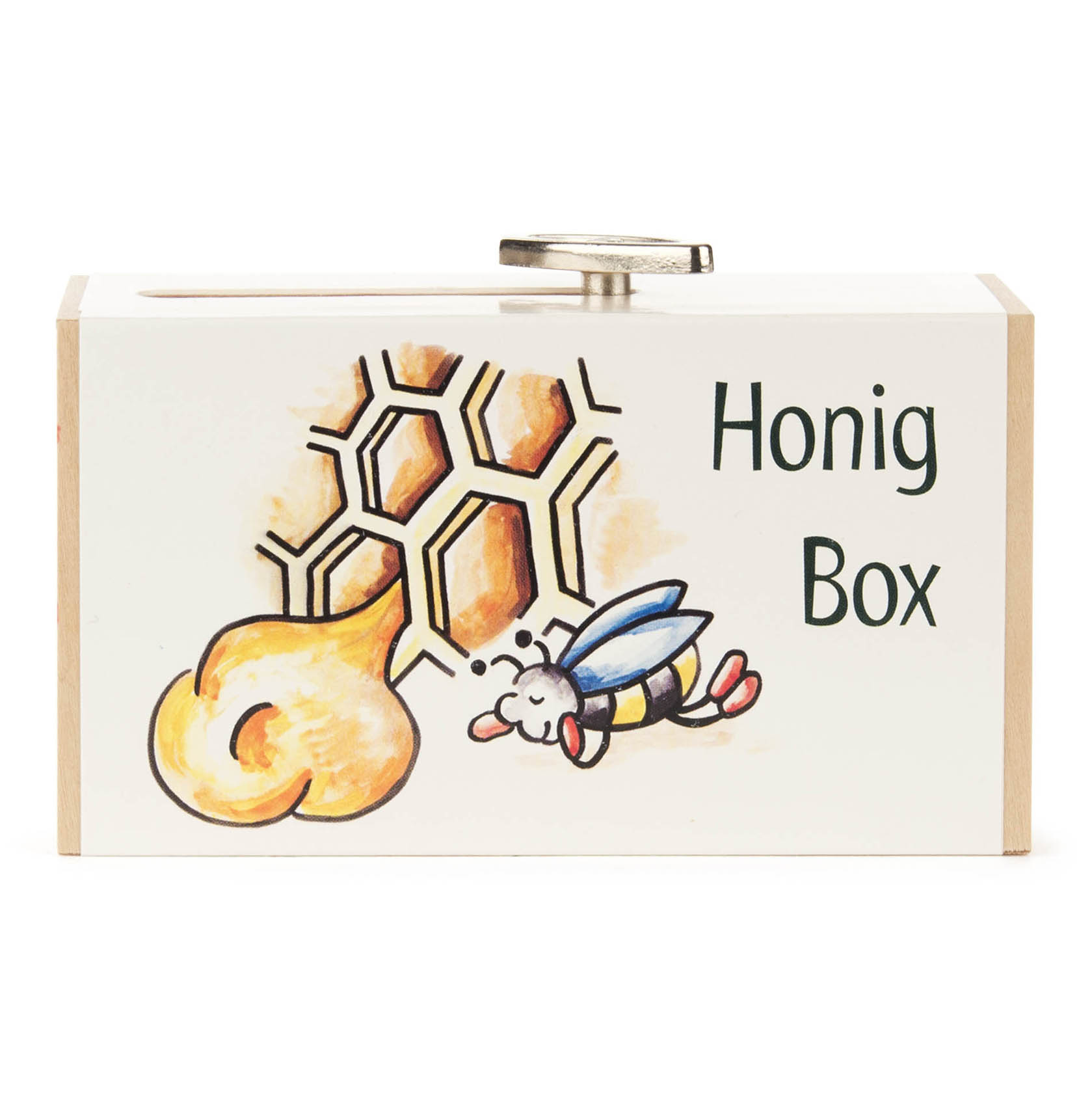 Eine weiße Holzschiebebox mit der Aufschrift 'Honig Box' und einer Illustration eines fliegenden Bienenmaskottchens neben Honigwaben.