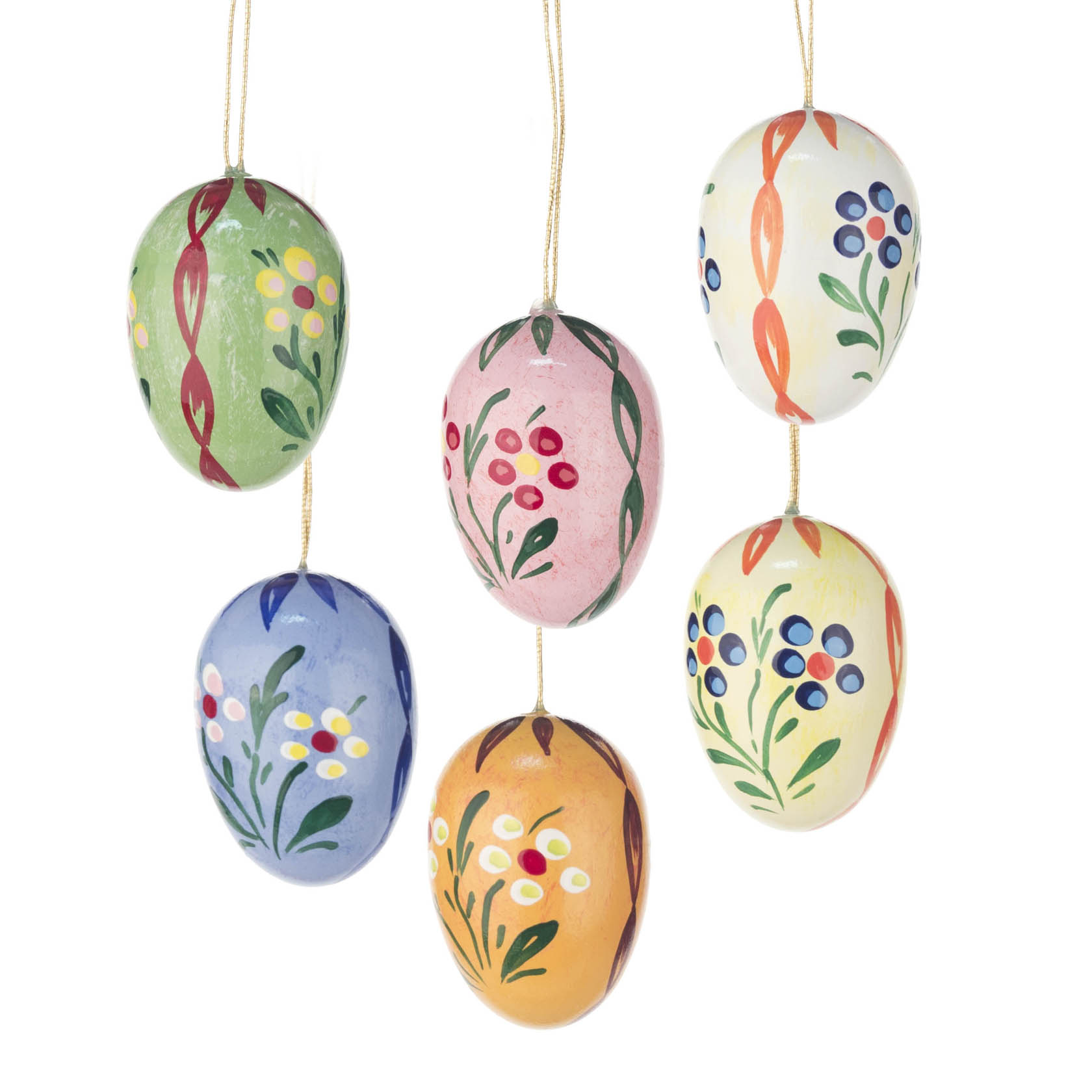 Sechs bunte Ostereier zum Aufhängen mit Blumenmustern in rot, grün, blau, gelb, orange und pink bemalt. im Dregeno Online Shop günstig kaufen