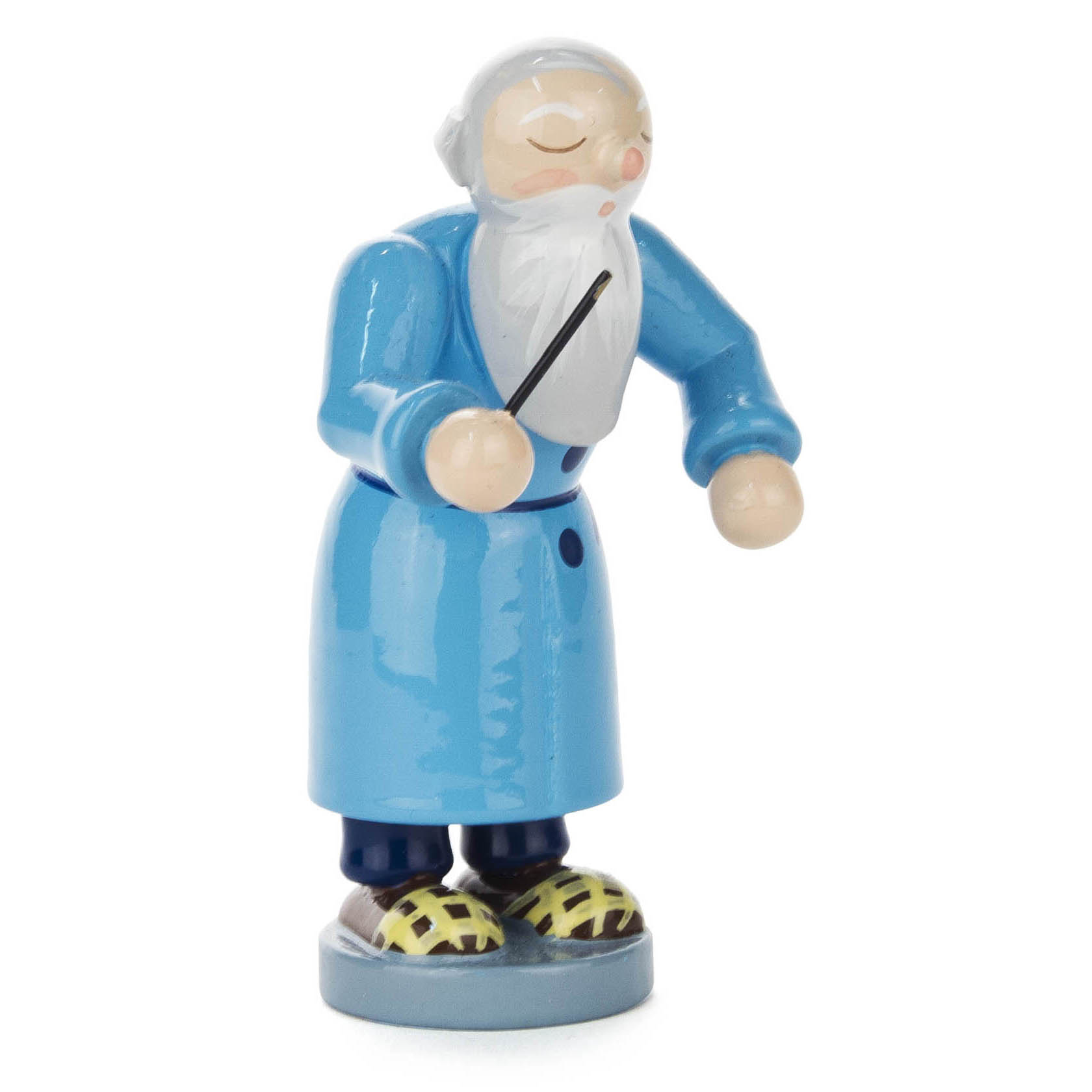 Holzfigur von Petrus in blauem Gewand, mit weißem Bart und geschlossenen Augen, hält einen Dirigentenstab in der rechten Hand. im Dregeno Online Shop günstig kaufen