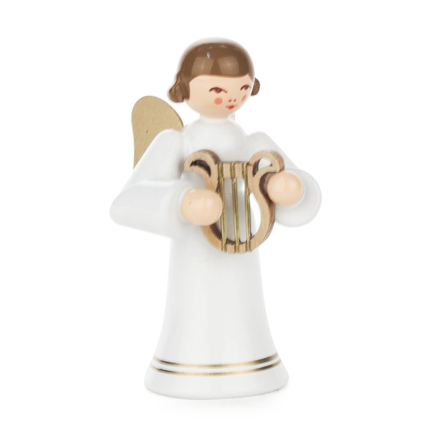 Holzengel mit weißen Gewand und goldenem Saum, hält eine goldene Leier in den Händen und hat Flügel. im Dregeno Online Shop günstig kaufen
