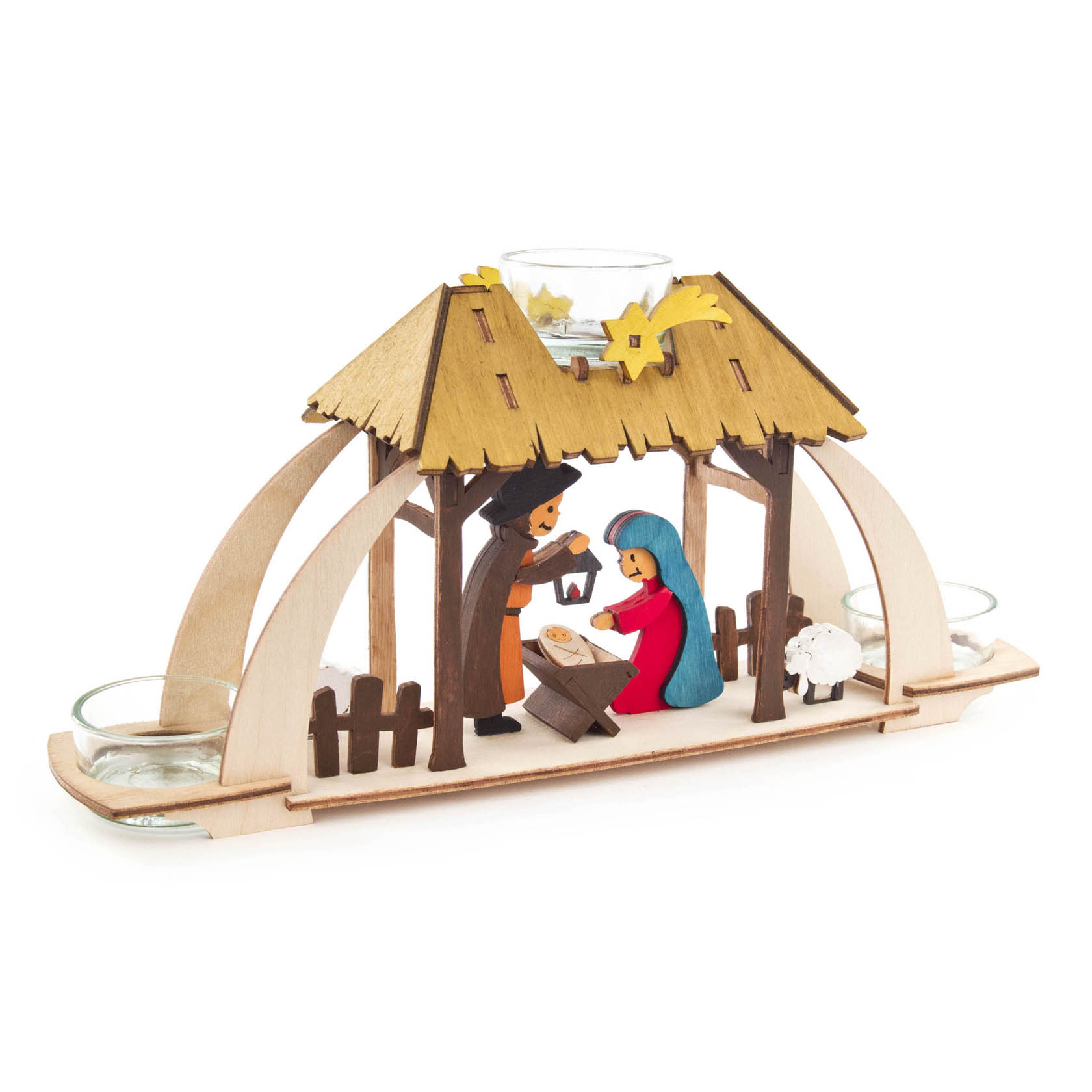 A wooden nativity tealight arch featuring figures of Mary in blue and Joseph in brown, with a baby Jesus in a manger under a wooden stable.