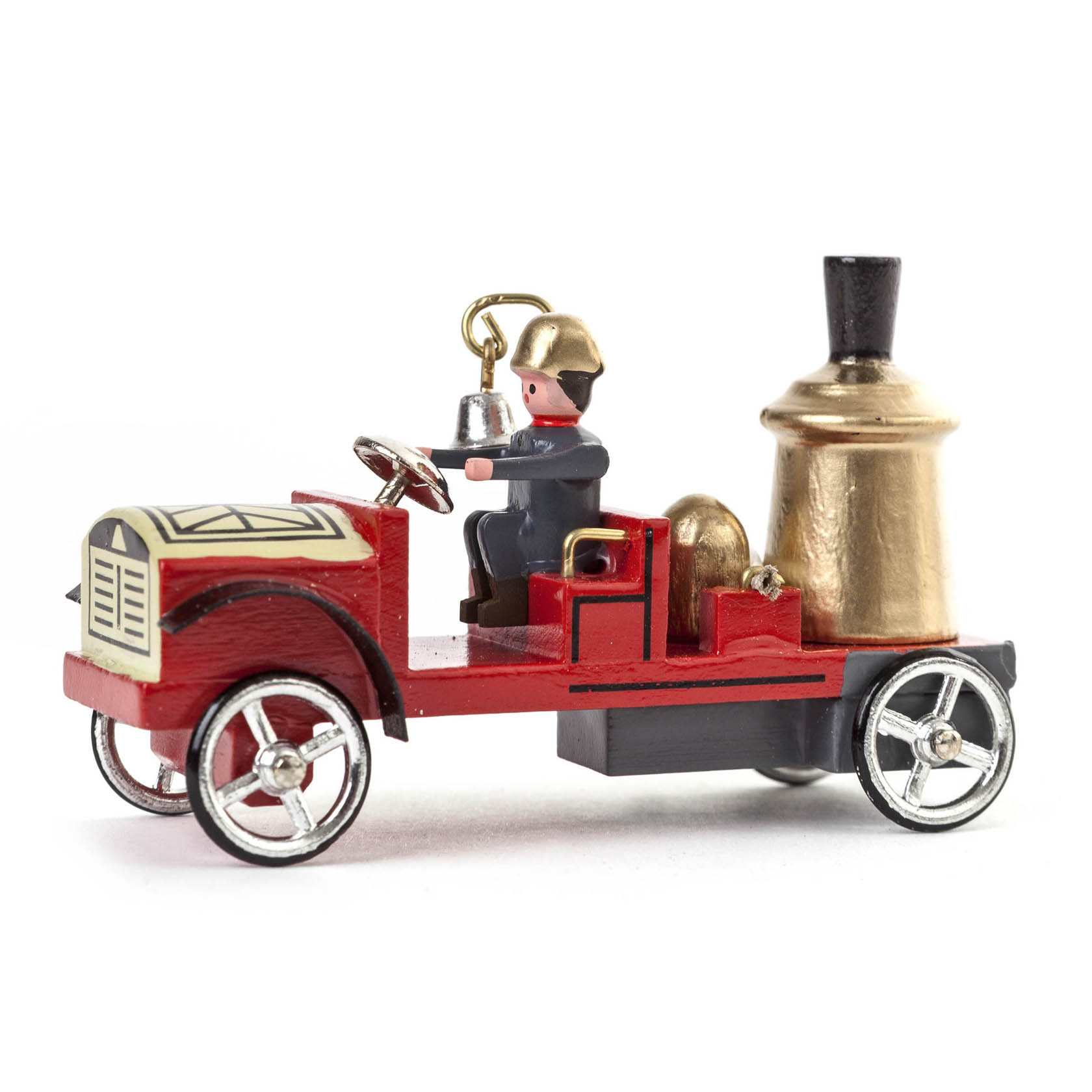 Spielzeugmodell einer historischen Feuerwehr-Dampfspritze: rote Fahrerkabine, goldener Kessel, silberne Räder, miniaturisierte Person am Steuer. im Dregeno Online Shop günstig kaufen