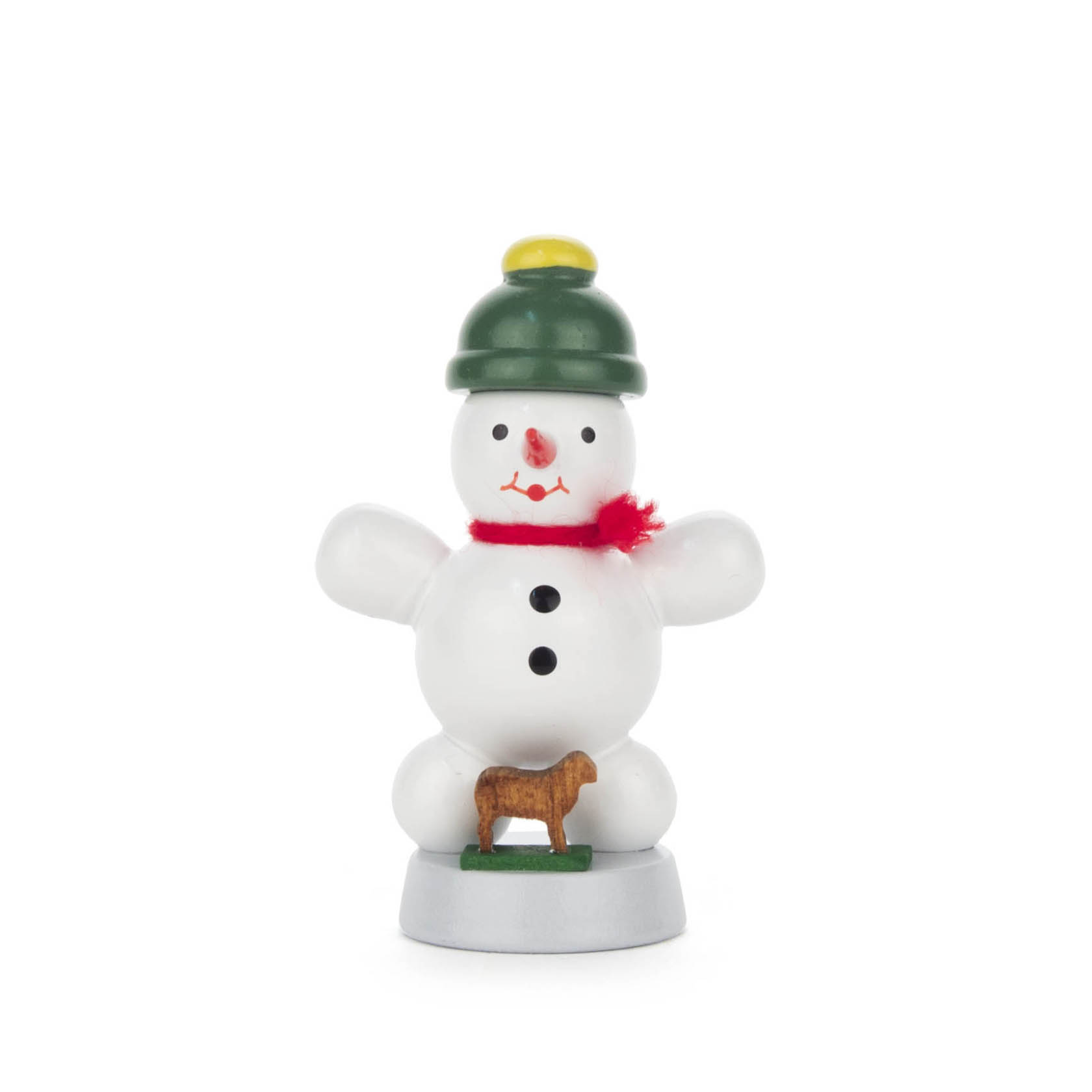 Small, white snowman figurine with a green hat and red scarf, featuring a small brown cow at its base. im Dregeno Online Shop günstig kaufen