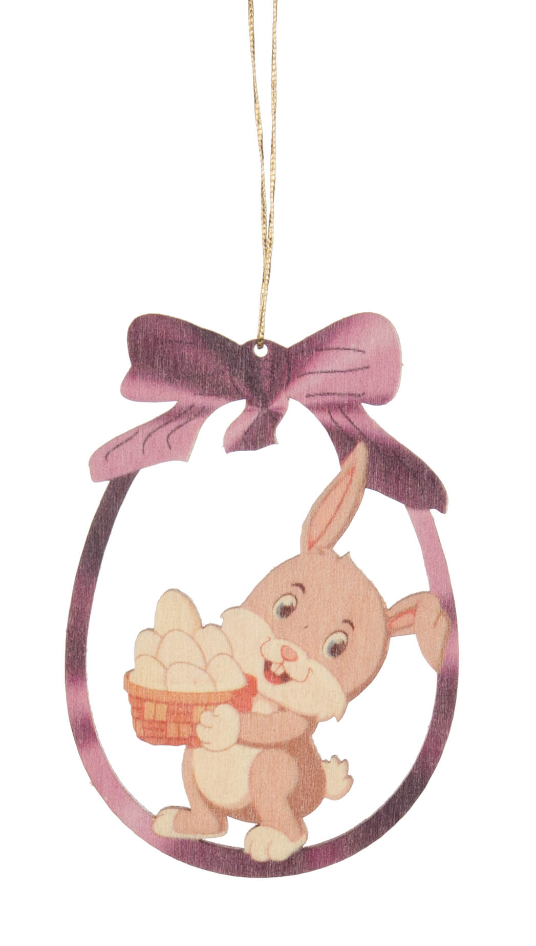 Ein lächelnder Hase, der ein Körbchen voller Eier hält, umrahmt von einer lilafarbenen Schleife. im Dregeno Online Shop günstig kaufen