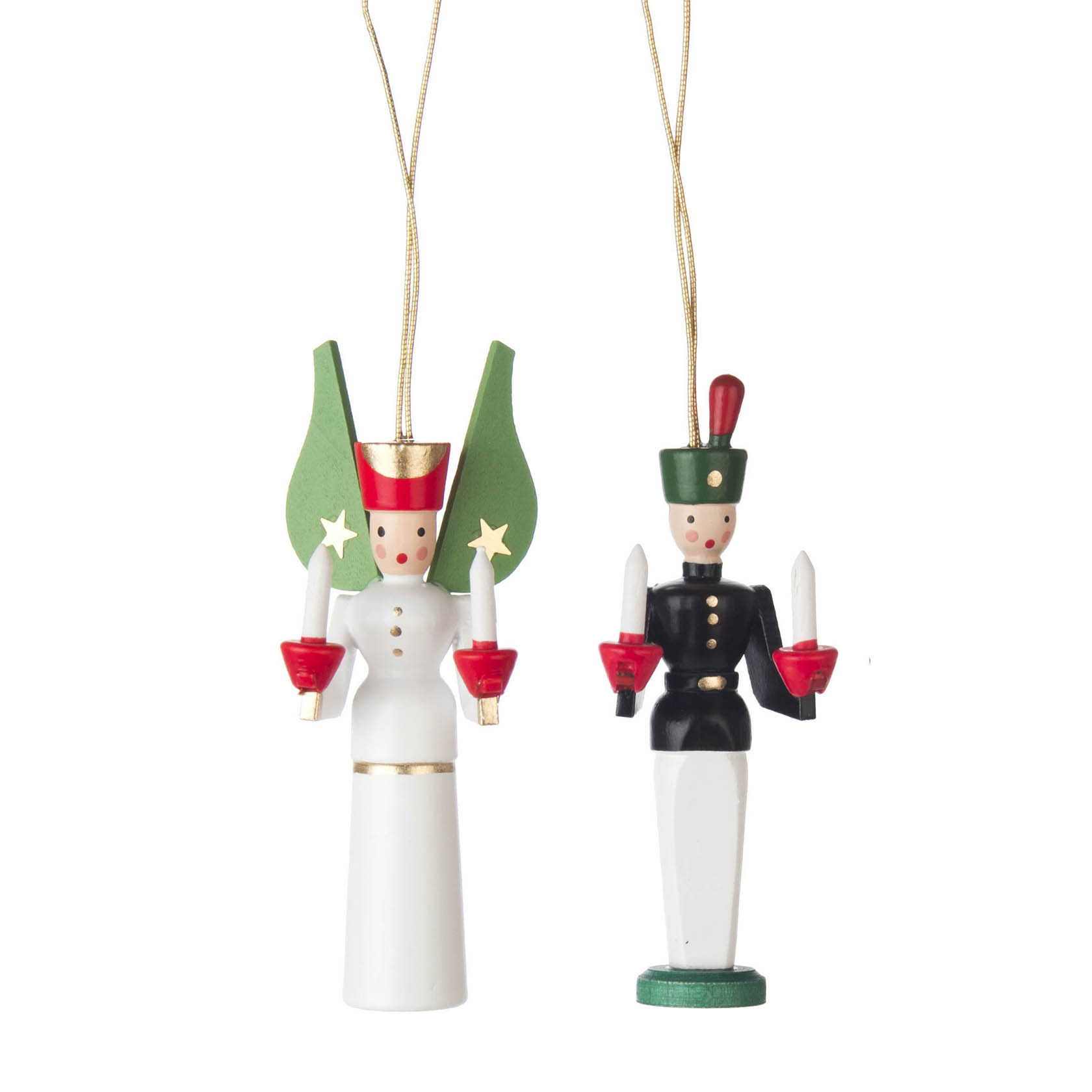Zwei hölzerne Figuren als Christbaumschmuck: eine Engel-Figur in Weiß mit grünen Flügeln und eine Bergmann-Figur in Schwarz-Weiß, beide mit Kerzen in den Händen. im Dregeno Online Shop günstig kaufen