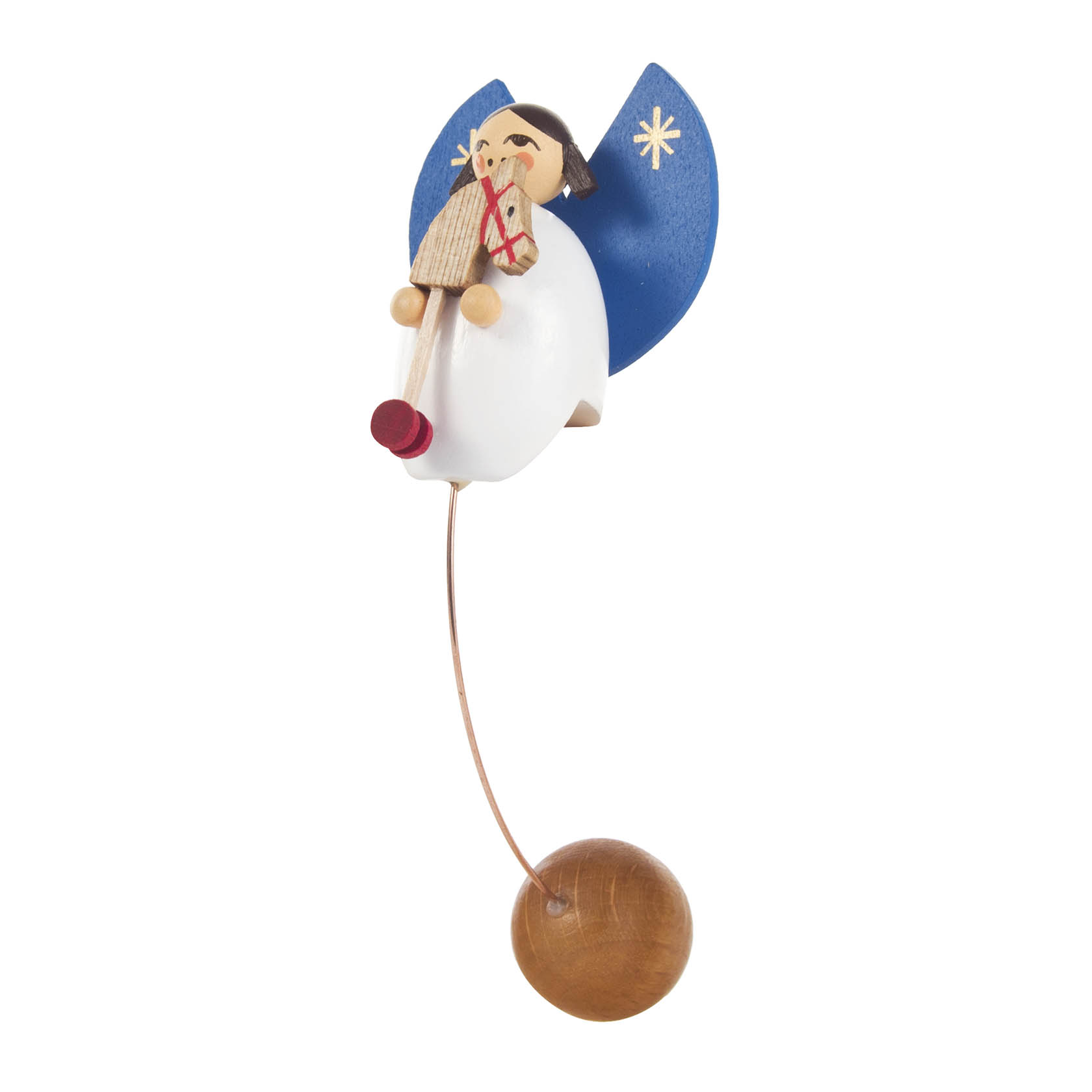 Schaukelengel aus Holz im Design eines sitzenden Engels mit blauen Flügeln, der ein kleines rotes Pferd auf seinen Knien hält. im Dregeno Online Shop günstig kaufen