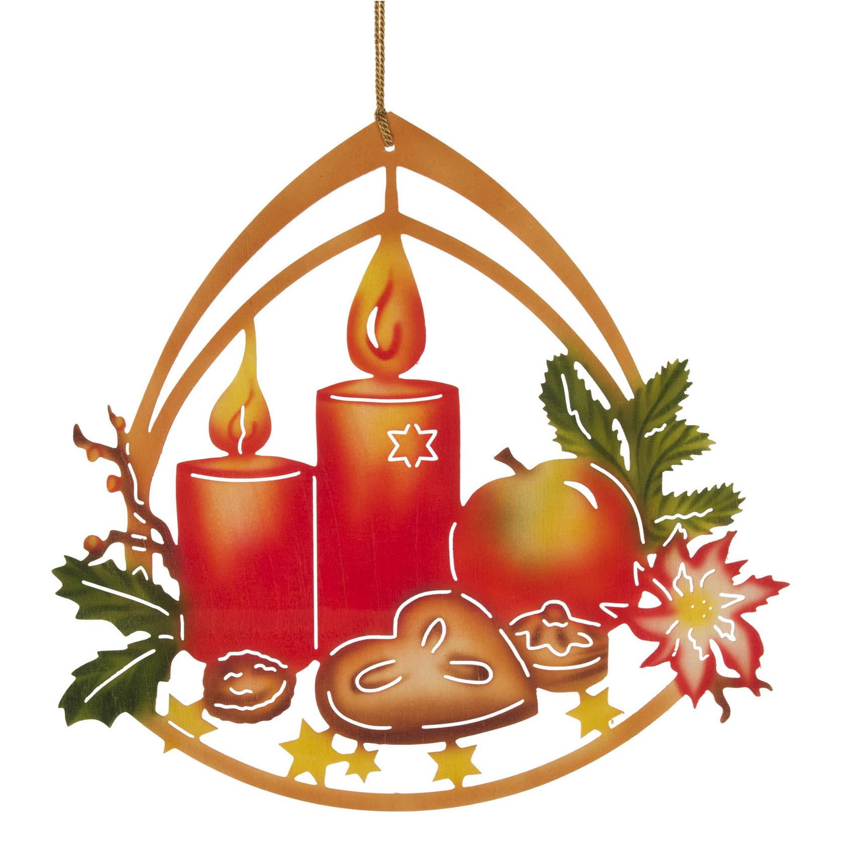 Ein farbiges Fensterbild zeigt eine Adventsschale mit zwei brennenden Kerzen, einem Apfel, Lebkuchen, Keksen und einem Weihnachtsstern. im Dregeno Online Shop günstig kaufen