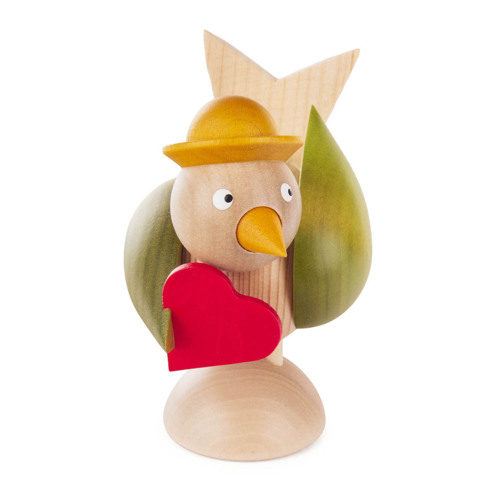 Holzfigur eines Vogels mit rotem Herz, einem gelben Hut und grünen Flügeln. im Dregeno Online Shop günstig kaufen