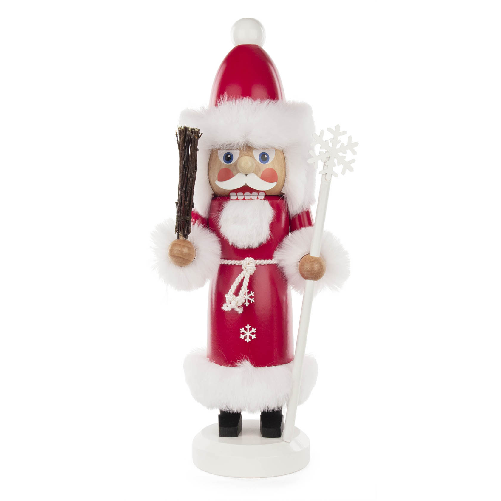 Ein 38 cm großer Nussknacker in Form eines Weihnachtsmanns in dunkelrotem Outfit mit weißem Pelzbesatz, in der einen Hand einen Stecken und in der anderen eine Rute haltend. im Dregeno Online Shop günstig kaufen