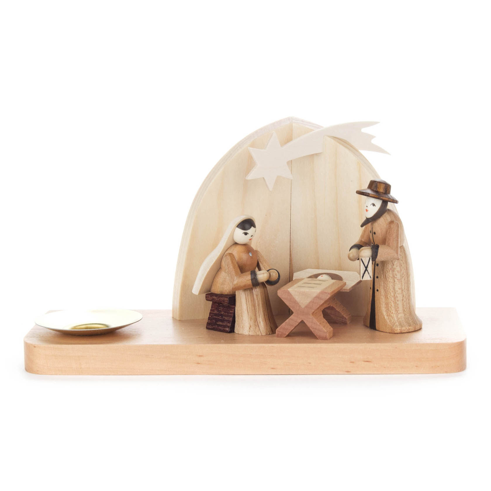 Holzkerzenhalter mit Weihnachtskrippe; zeigt Maria, Josef und die Krippe mit Stern und Stall; Platz für eine Kerze auf der linken Seite. im Dregeno Online Shop günstig kaufen