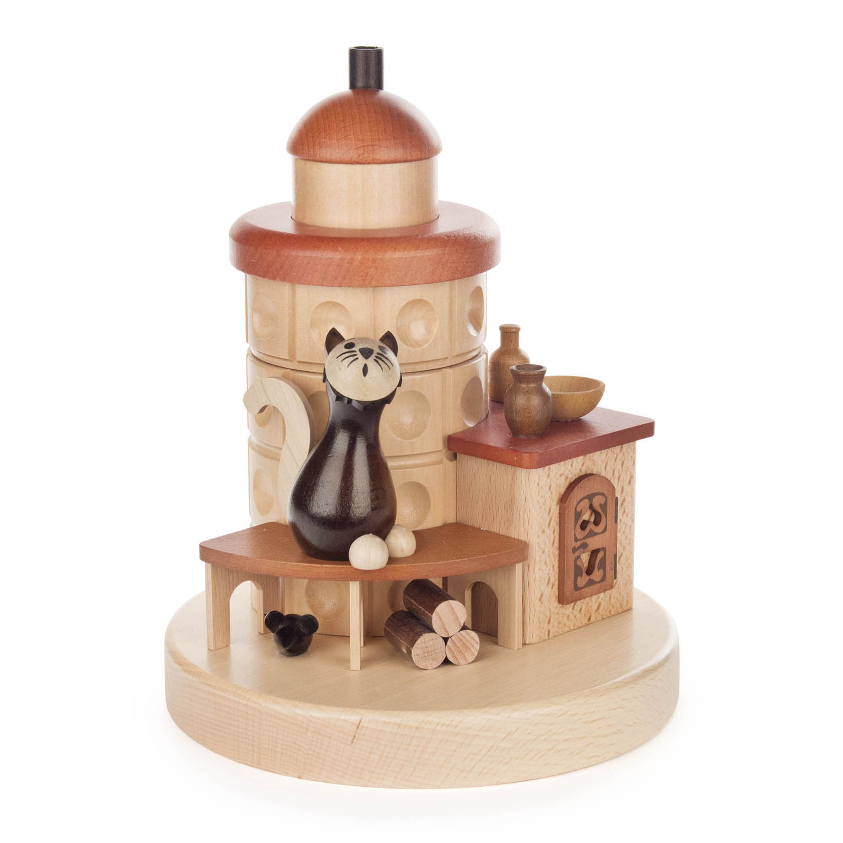Holzfigur eines Räucherofens mit Katze. Die Katze sitzt neben dem Ofen auf einer Bank. Der Ofen ist rund mit einem kupferfarbenen Dach. im Dregeno Online Shop günstig kaufen