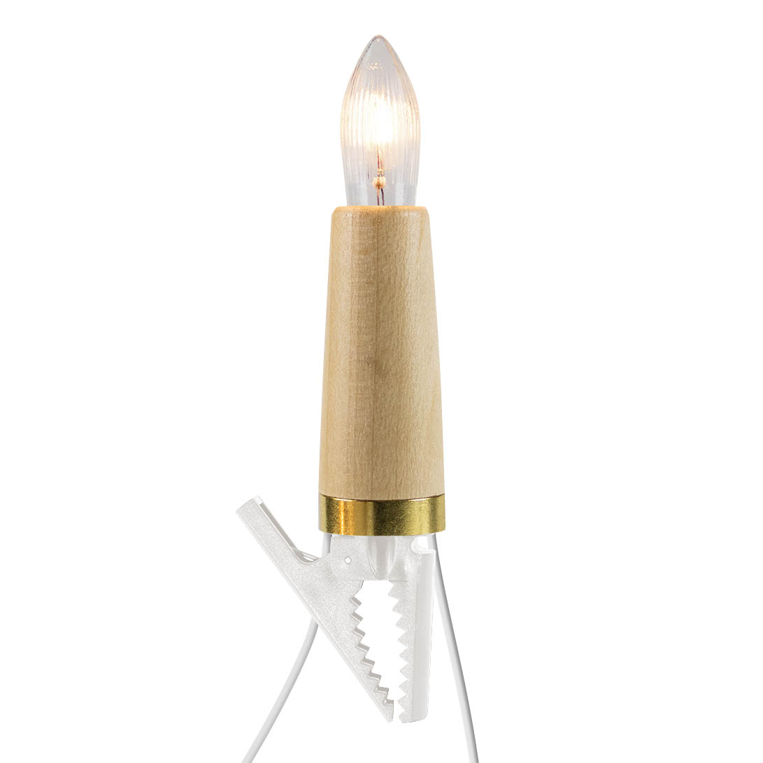 Siebenarmiger Schwibbogen mit Kerzenimitaten mit Holzschaft aus Ahorn, eine Kerze ist sichtbar, hell beleuchtet. im Dregeno Online Shop günstig kaufen