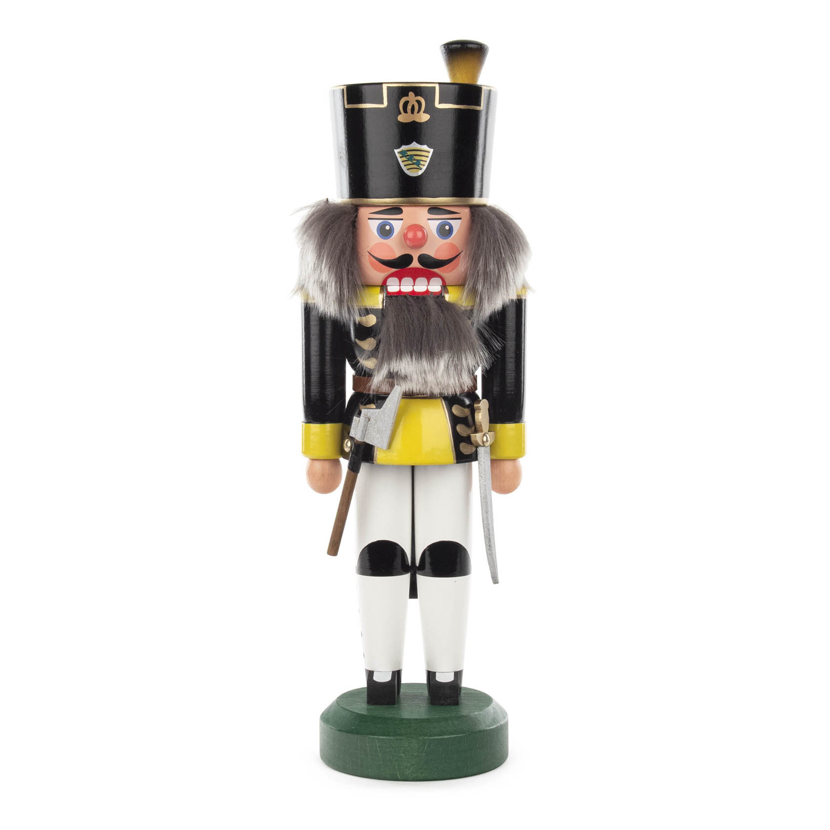 Traditional black and yellow miner nutcracker with a black hat, gray beard, and holding tools, standing on a green base. im Dregeno Online Shop günstig kaufen