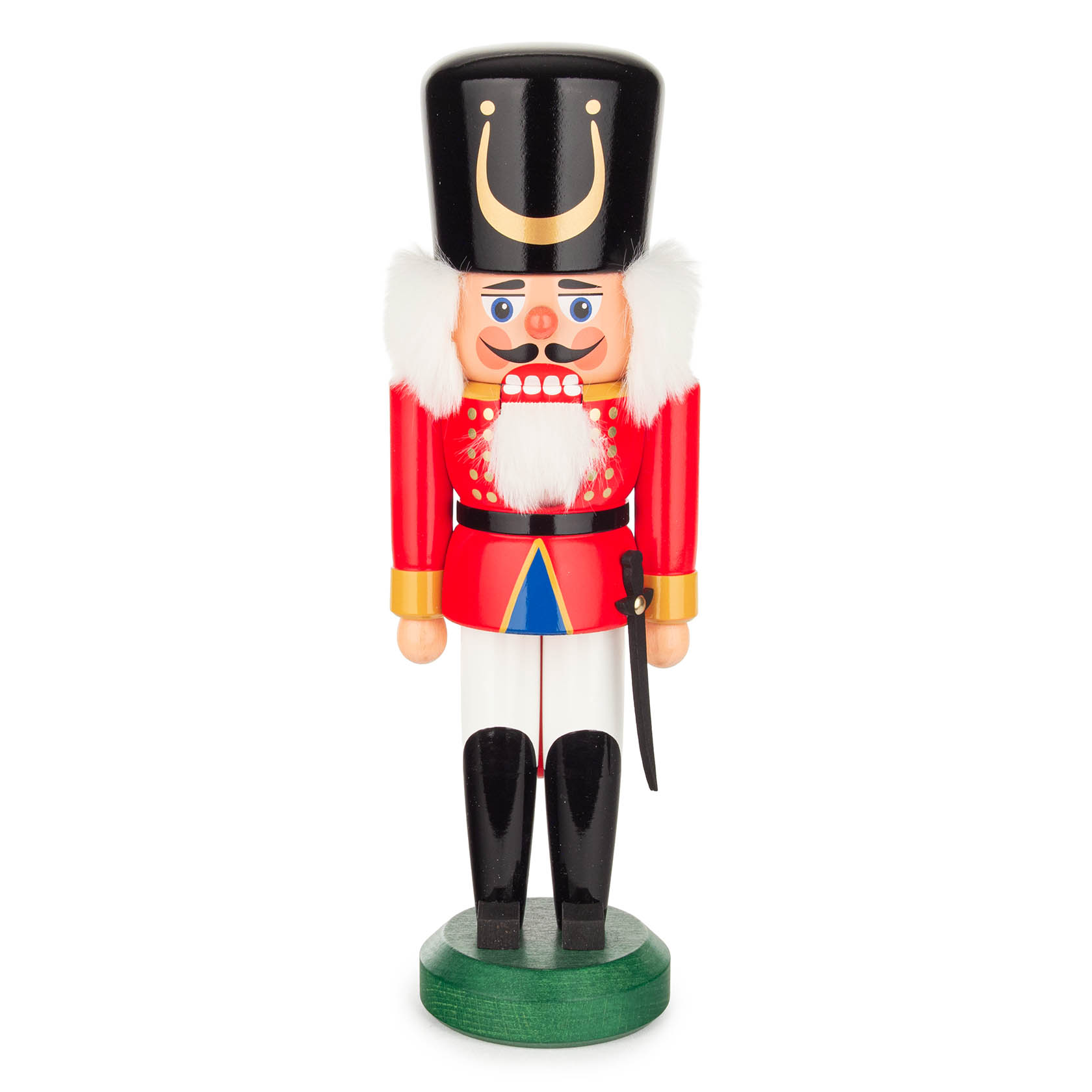 Ein traditioneller Nussknacker in Form eines rot-weiß gekleideten Wachsoldaten mit schwarzem Hut und Stiefeln, 30 cm hoch. im Dregeno Online Shop günstig kaufen
