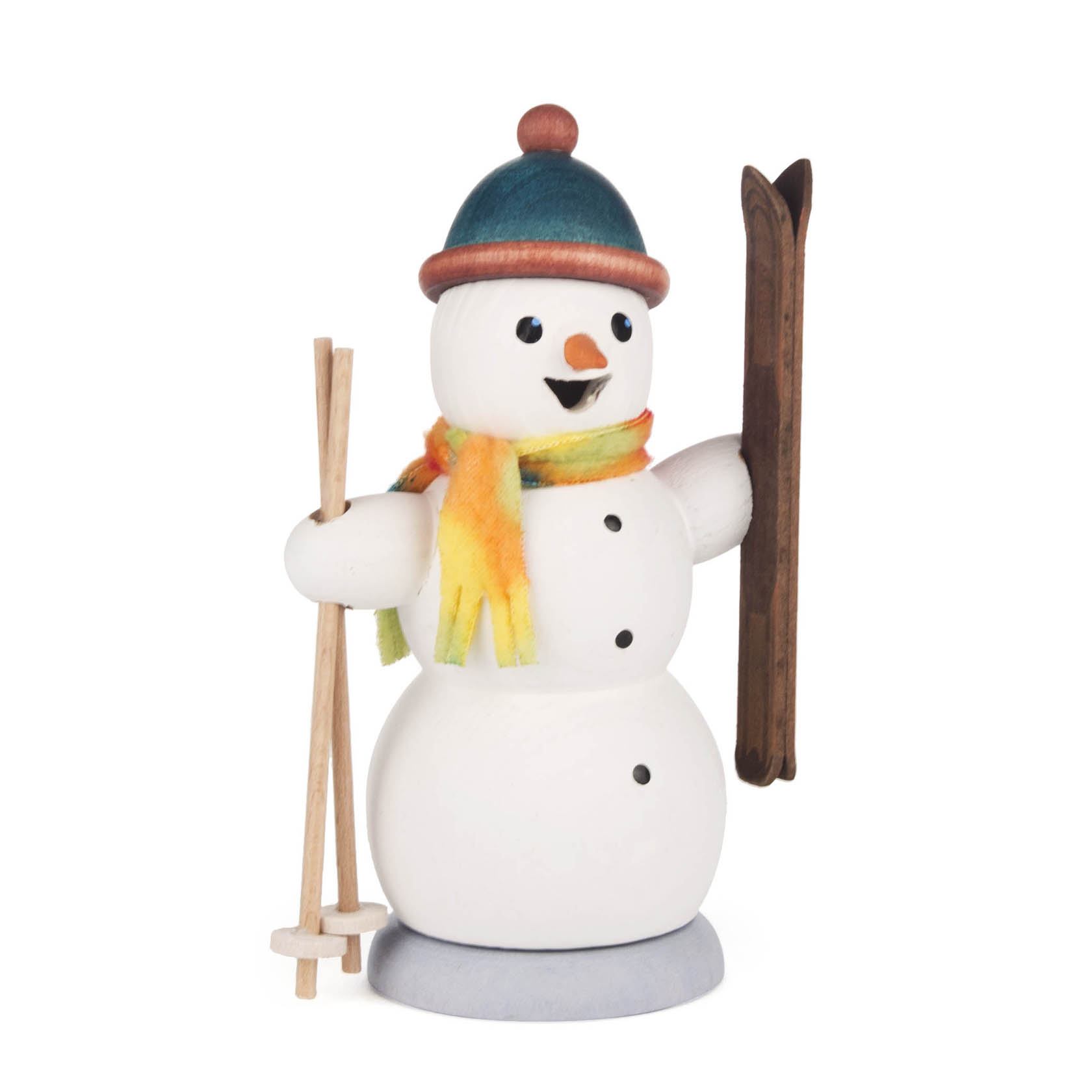 Ein Räuchermann in Form eines Schneemanns mit orange-grünem Schal, blauer Mütze und Skiern in der rechten Hand. im Dregeno Online Shop günstig kaufen