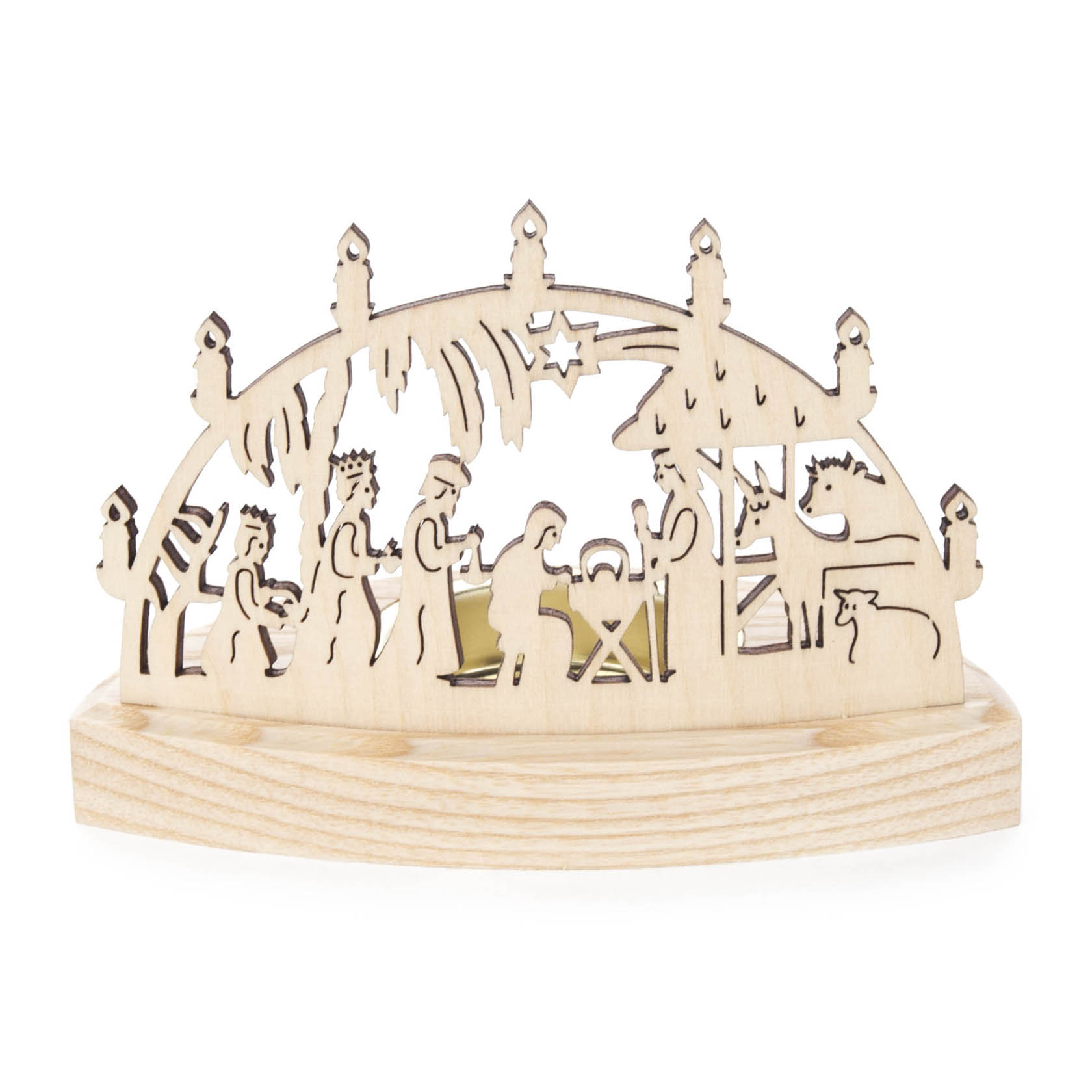 Holzteelichthalter mit der Szene der Geburt Christi, zeigt Josef, Maria und das Jesuskind in der Krippe umgeben von Tieren und den Heiligen Drei Königen.