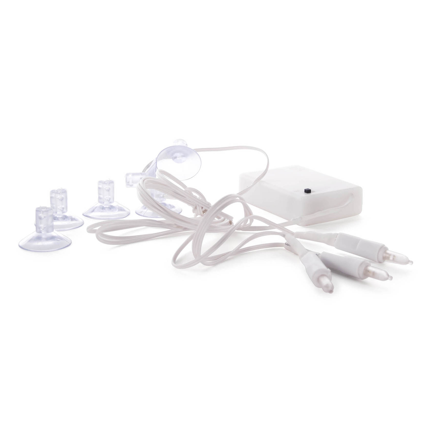 LED Beleuchtungsset bestehend aus drei sternförmigen Lichtern, zwei weißen Anschlusskabeln, einer weißen Steuerbox und mehreren transparenten Saugnäpfen. im Dregeno Online Shop günstig kaufen
