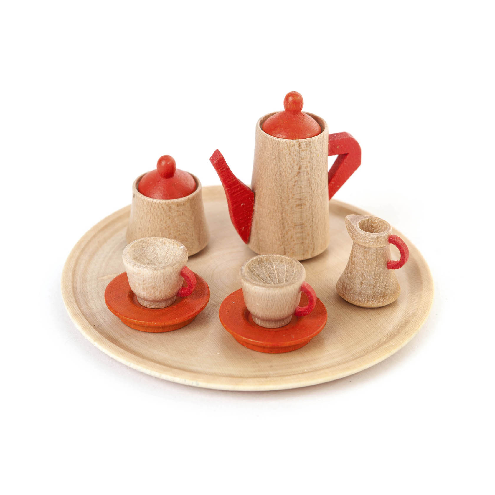 Minatur-Kaffeeservice auf einem Tablett mit naturfarbenen und roten Holzelementen, bestehend aus einer Kanne, Zuckerdose, Sahnekännchen und zwei Tassen. im Dregeno Online Shop günstig kaufen