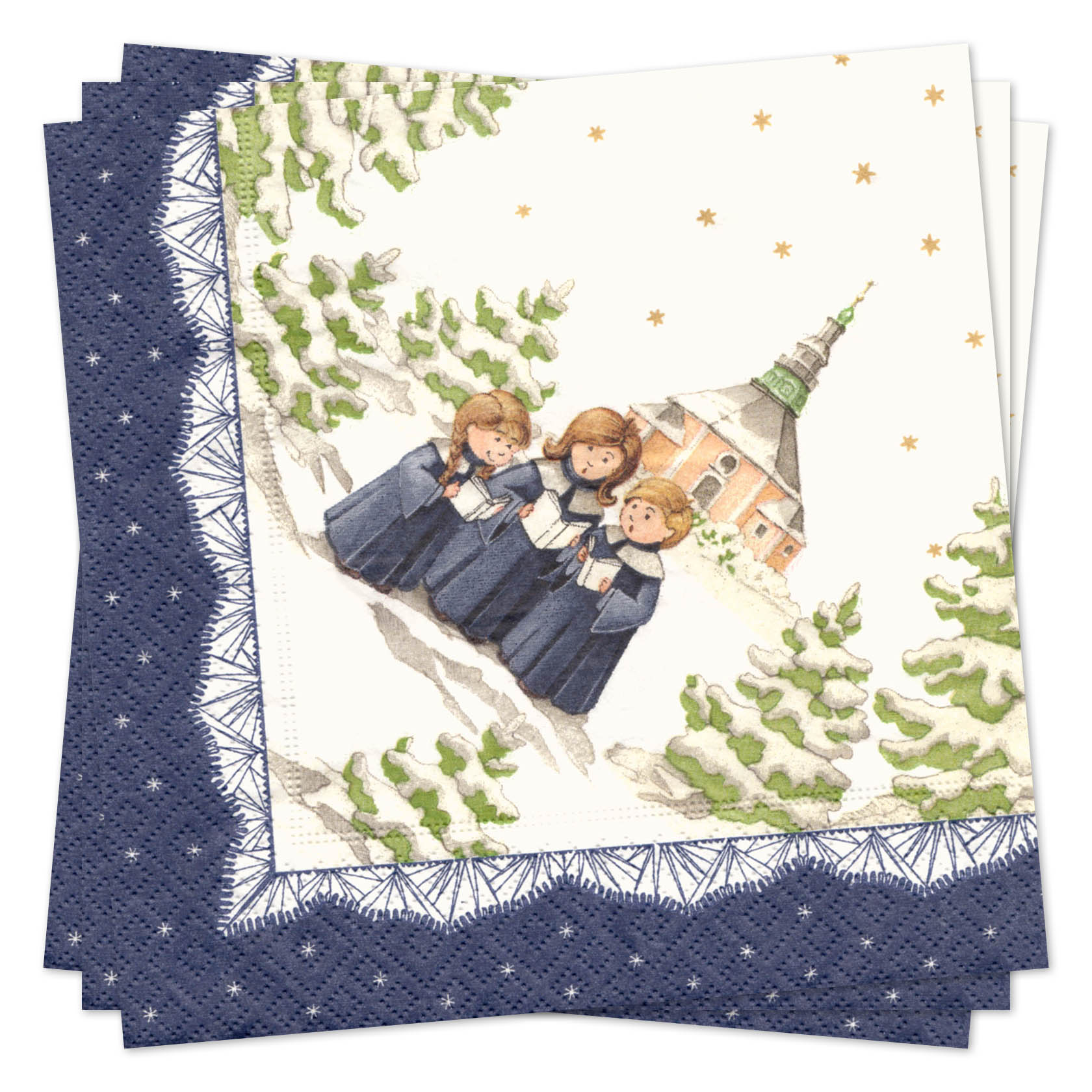Drei Jungen in blauen Chorkleidern stehen singend im Schnee vor einer Kirche, umgeben von verschneiten Tannenbäumen und Sternen am Himmel. im Dregeno Online Shop günstig kaufen