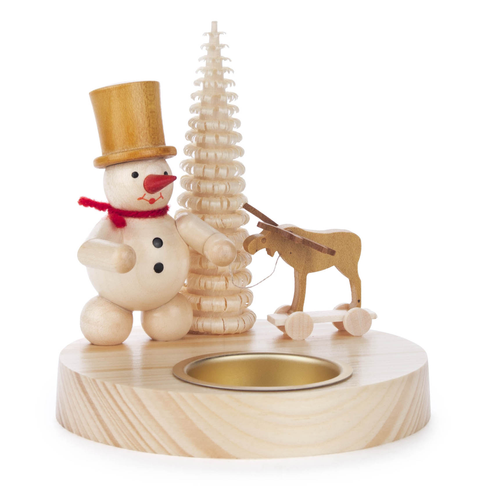 Ein hölzerner Teelichthalter mit einem Schneemann, der einen Zylinderhut trägt, einem spiralförmigen Baum und einem spielzeugartigen Elch auf Rädern. im Dregeno Online Shop günstig kaufen