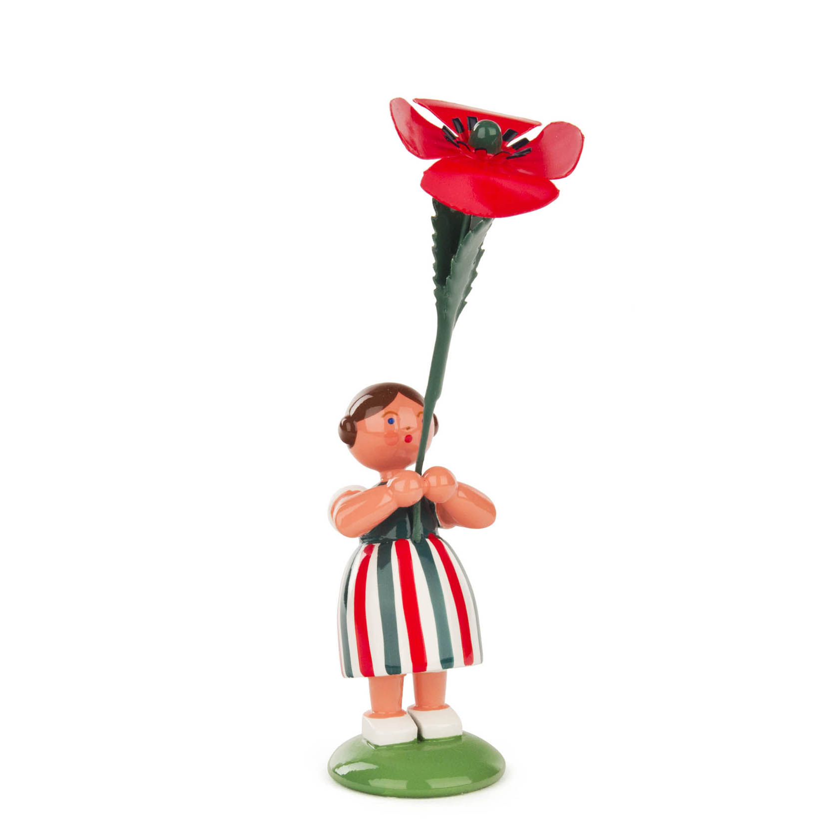 Kleine Holzfigur eines Mädchens in gestreiftem Kleid, das eine große, rote Mohnblume hält. im Dregeno Online Shop günstig kaufen