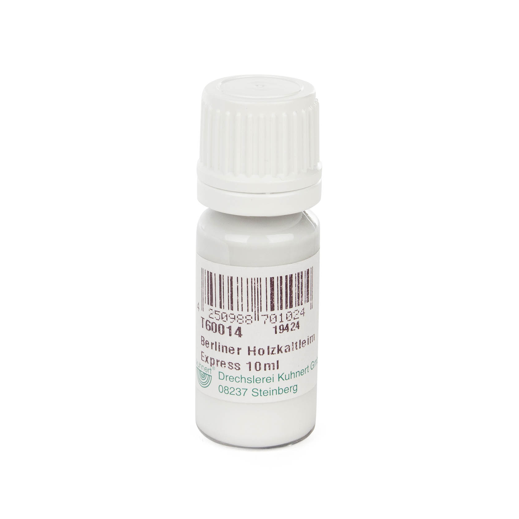 Ein kleines Plastikfläschchen mit weißem Deckel, das Etikett trägt die Aufschrift 'Berliner Holzkaltleim Express 10 ml'. im Dregeno Online Shop günstig kaufen
