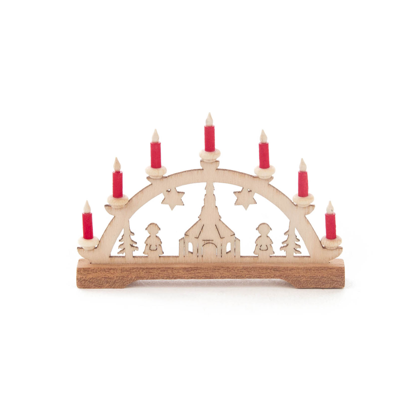 Ein hölzerner Mini-Schwibbogen mit einer kleinen Kirche in der Mitte und roten Kerzen darauf. im Dregeno Online Shop günstig kaufen