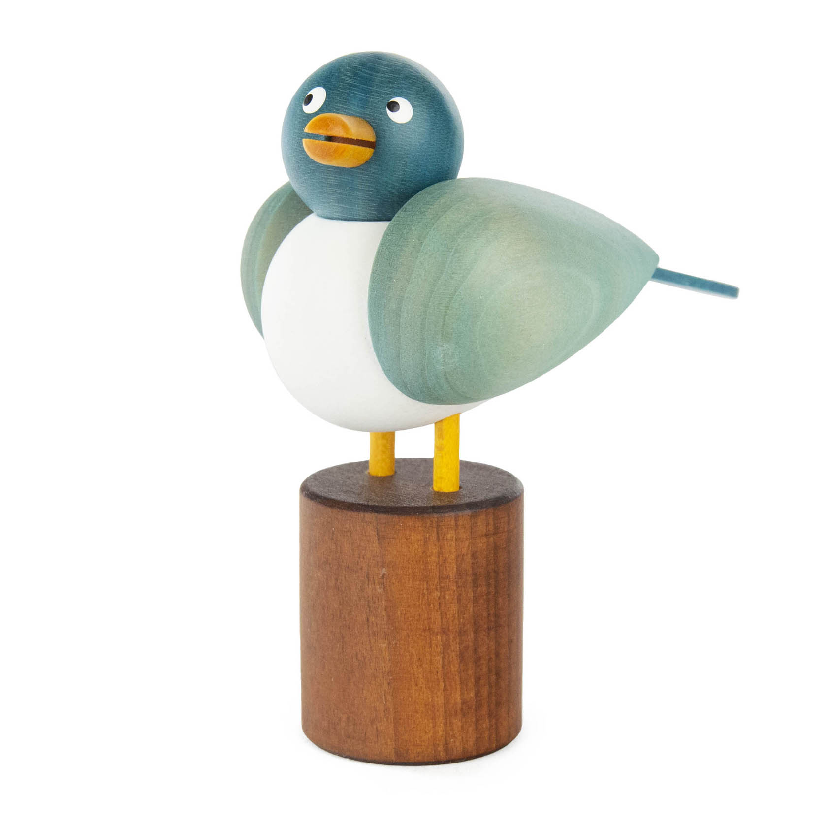 Holzfigur einer stilisierten Möwe mit blauem Kopf auf einem braunen Sockel. im Dregeno Online Shop günstig kaufen