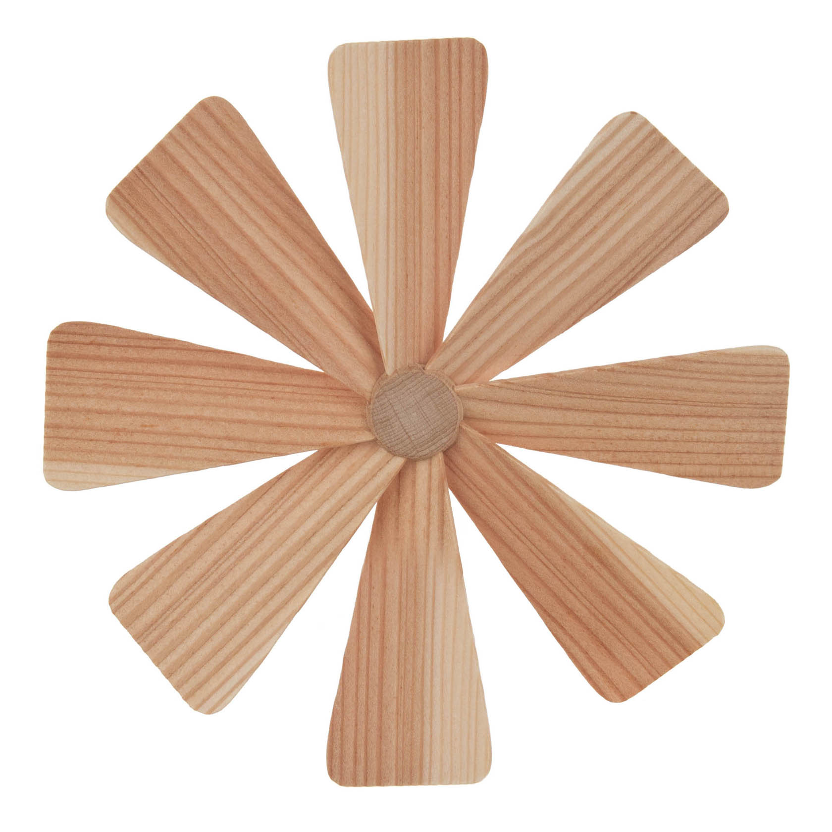 Holzflügelrad mit sieben länglichen, schmalen und abgerundeten Flügeln, die um eine zentrale Bohrung von 2 mm Durchmesser angeordnet sind. im Dregeno Online Shop günstig kaufen