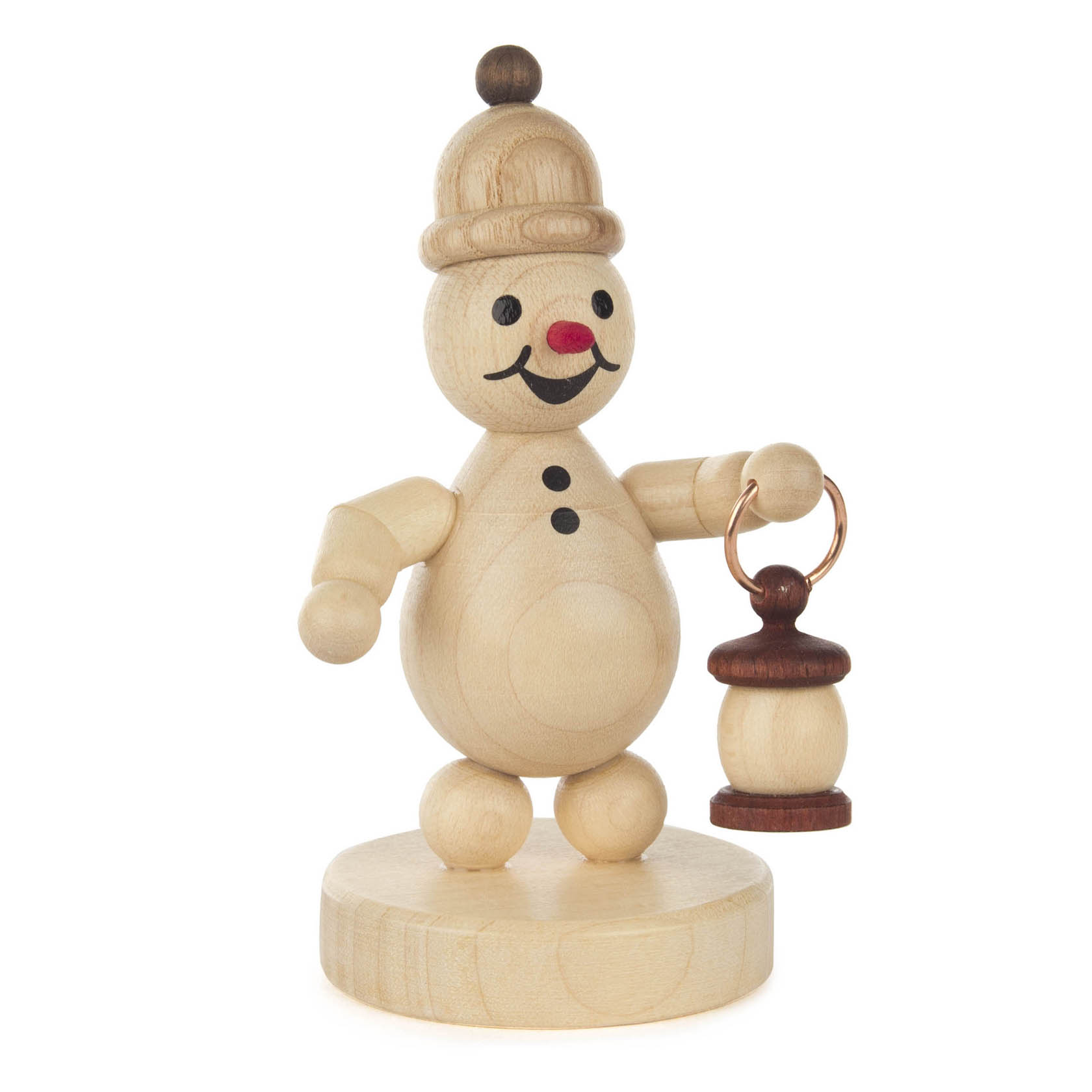 Holzfigur eines Schneemanns mit schwarzem Hut, roter Nase und dreiknöpfigem Bauch, der eine kleine Laterne in der linken Hand hält. im Dregeno Online Shop günstig kaufen