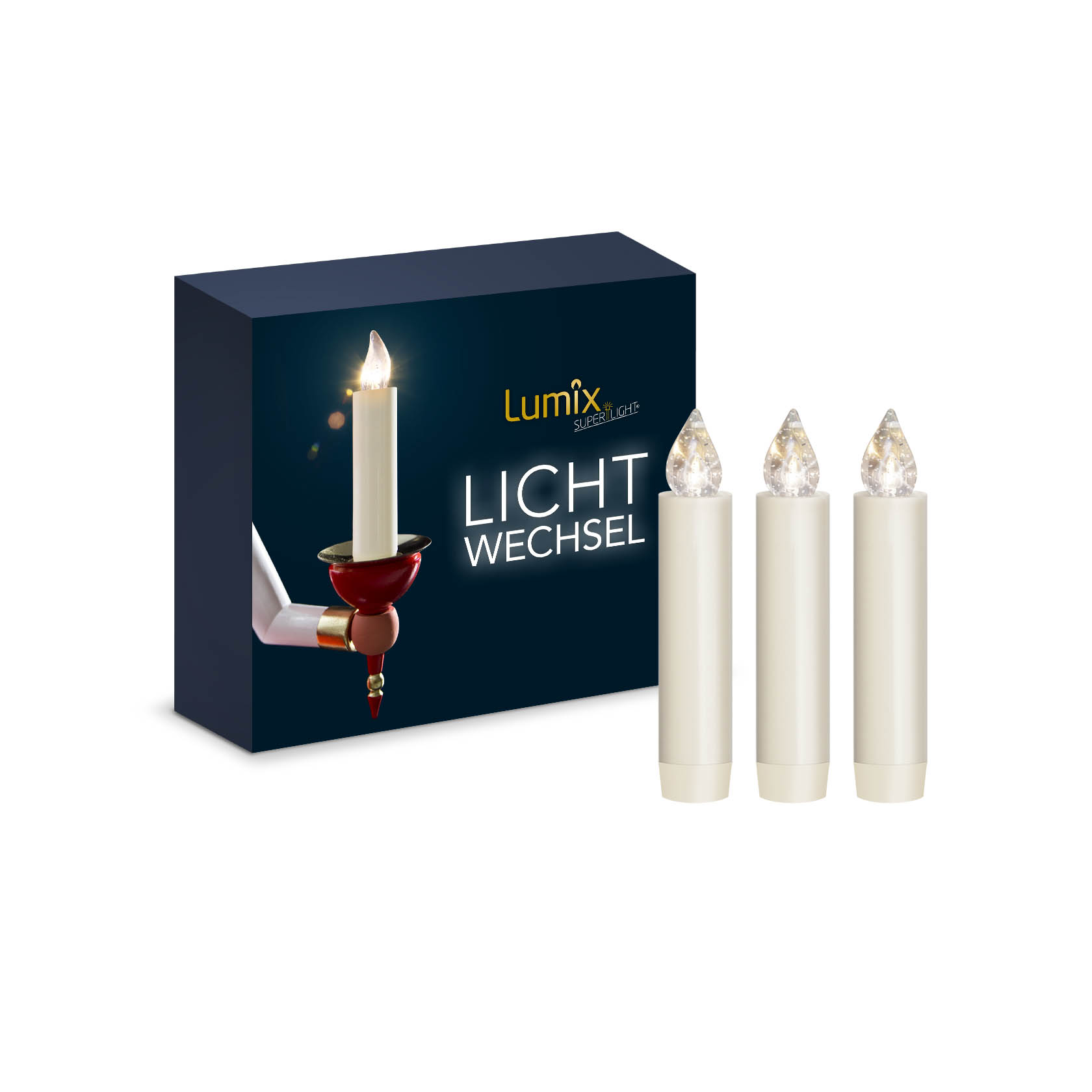 Erweiterungs-Set von LUMIX CLASSIC MINI S bestehend aus 3 weißen Kerzen mit LED-Lichtern und 3 Batterien. Die Verpackung ist dunkelblau mit der Aufschrift 'Lichtwechsel'. im Dregeno Online Shop günstig kaufen