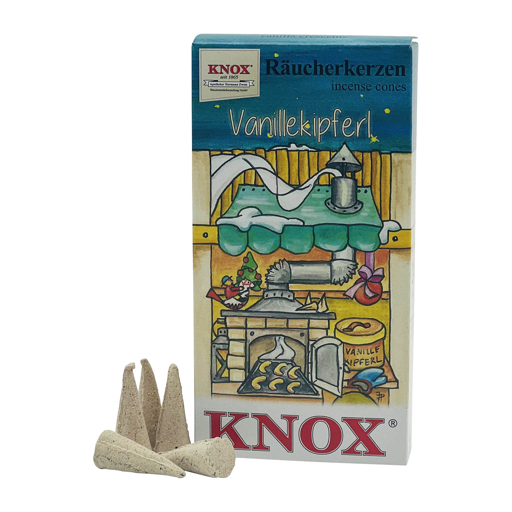 Box of KNOX incense cones with a rustic bakery illustration, showing several vanilla kipferl scent cones, one emitting smoke. im Dregeno Online Shop günstig kaufen