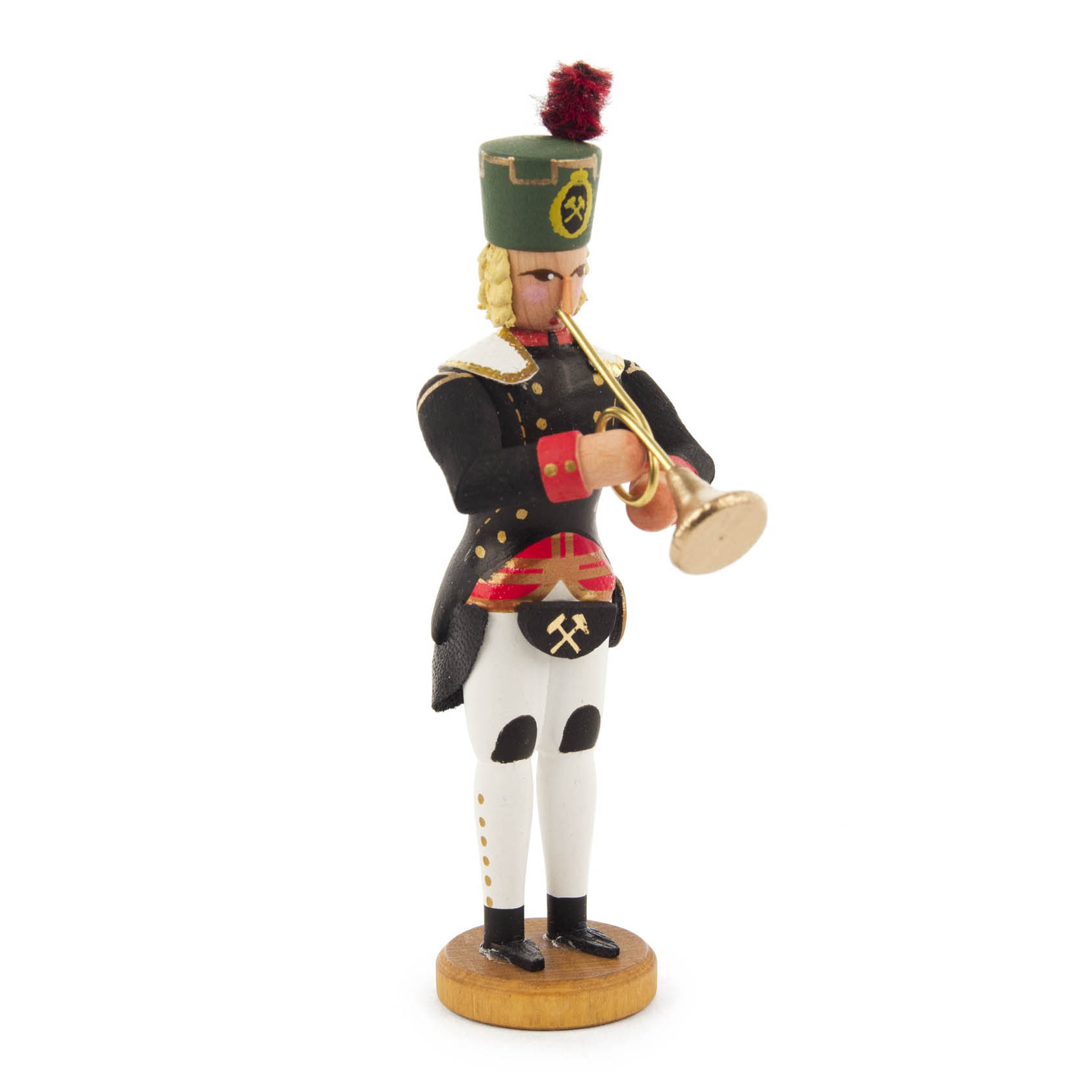 Holzfigur eines Bergmanns in traditioneller Uniform, der eine goldene Trompete spielt. Er trägt einen grünen Hut mit einem roten Federbusch und schwarze Stiefel. im Dregeno Online Shop günstig kaufen