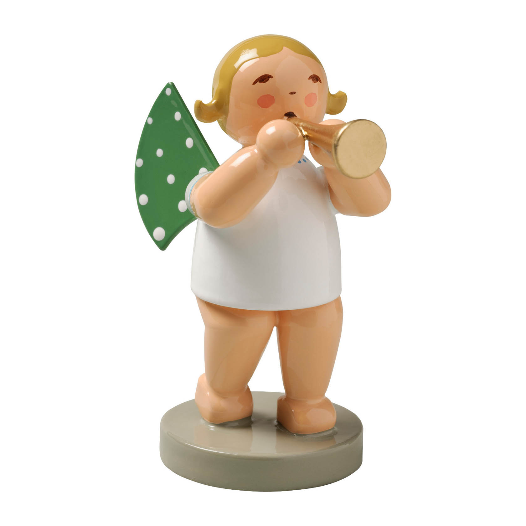 Eine Figur eines Engels mit braunen Haaren und grünen Flügeln mit weißen Punkten, der eine goldene Flöte spielt. im Dregeno Online Shop günstig kaufen
