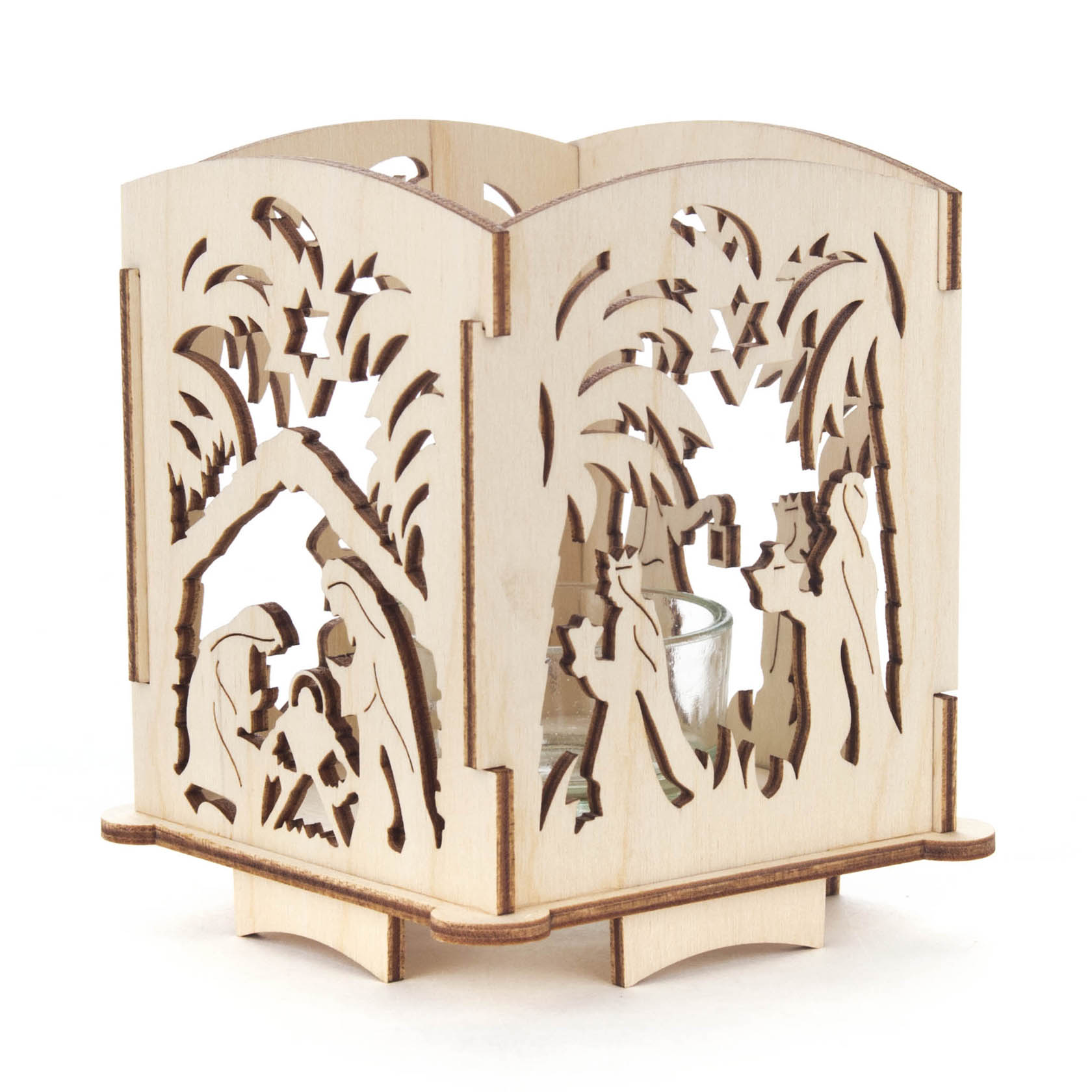 Teelichthalter aus Holz mit ausgeschnittenen Motiven der Geburt Christi, inklusive Maria, Josef, dem Jesuskind und den drei Königen. im Dregeno Online Shop günstig kaufen
