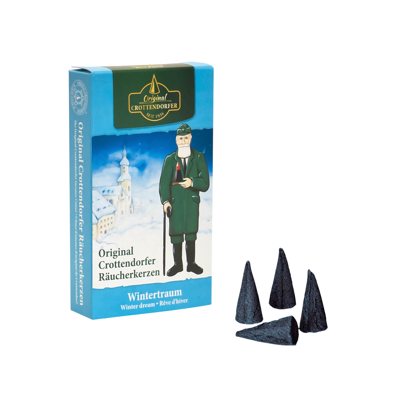 Ein Mann in Winterkleidung mit grüner Jacke und Mütze hält einen Spazierstock. Er steht vor einem verschneiten Dorf in einem stilisierten Wintertraum-Szenario. im Dregeno Online Shop günstig kaufen