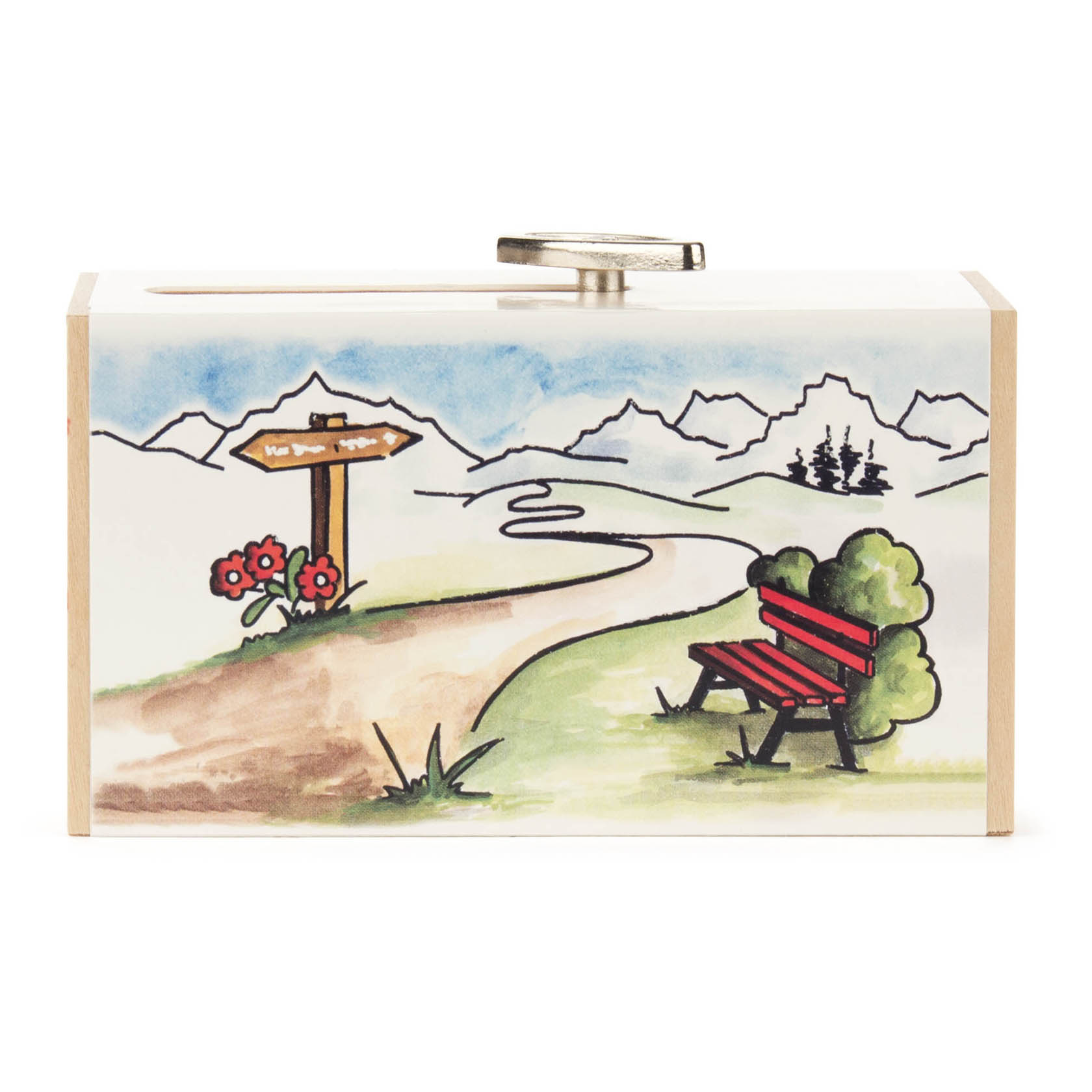 Eine Schiebebox mit Berglandschaftsmotiv. Auf der Vorderseite sind ein Wegweiser, rote Blumen, eine rote Bank und Berge im Hintergrund abgebildet.