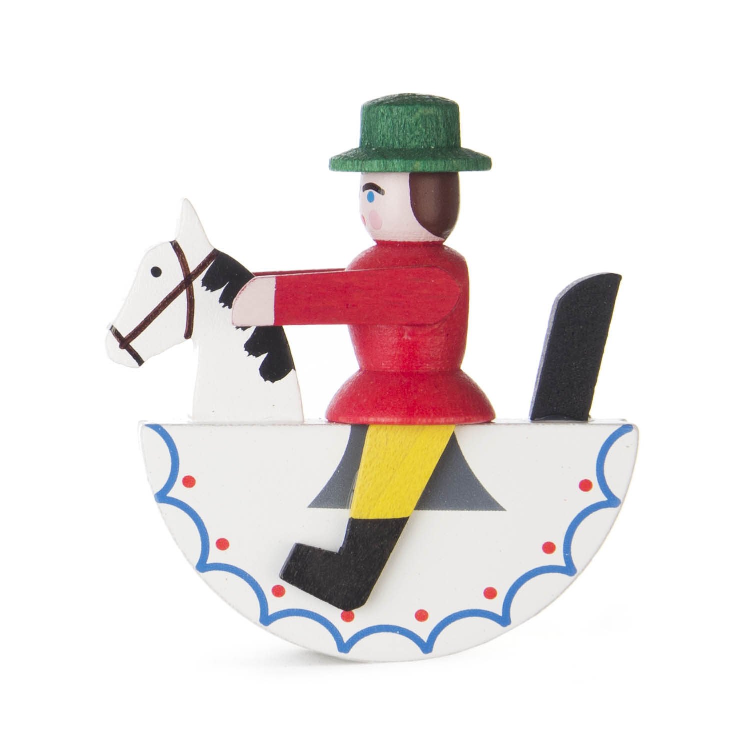 Holzfigur eines Mini-Reiters auf einem weißen Schaukelpferd. Der Reiter trägt eine rote Jacke, schwarze Stiefel und einen grünen Hut. im Dregeno Online Shop günstig kaufen