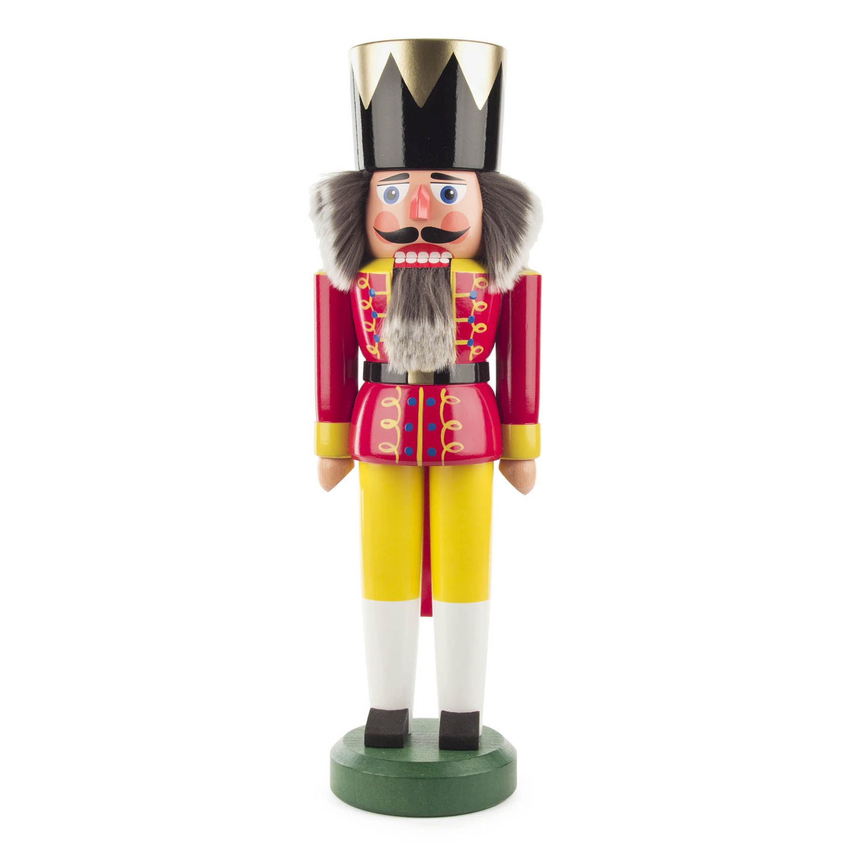 Ein 40 cm großer, rot gekleideter Nussknacker-König mit goldenen Details auf der Jacke, einem schwarzen Hut mit goldenen Verzierungen und grauem Bart. im Dregeno Online Shop günstig kaufen