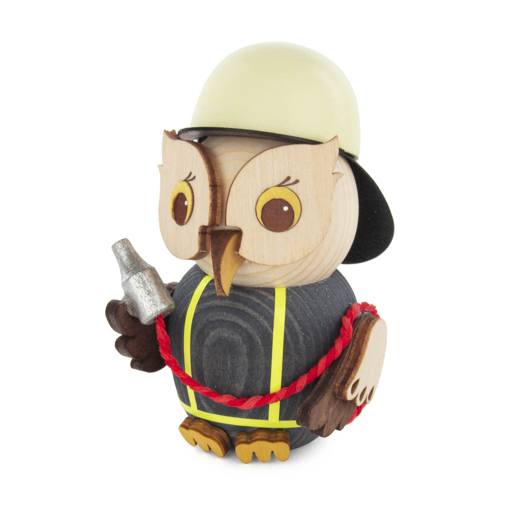 Holzfigur einer Eule mit Feuerwehrhelm und Uniform, die einen kleinen Feuerlöscher in der rechten Flügel hält. im Dregeno Online Shop günstig kaufen