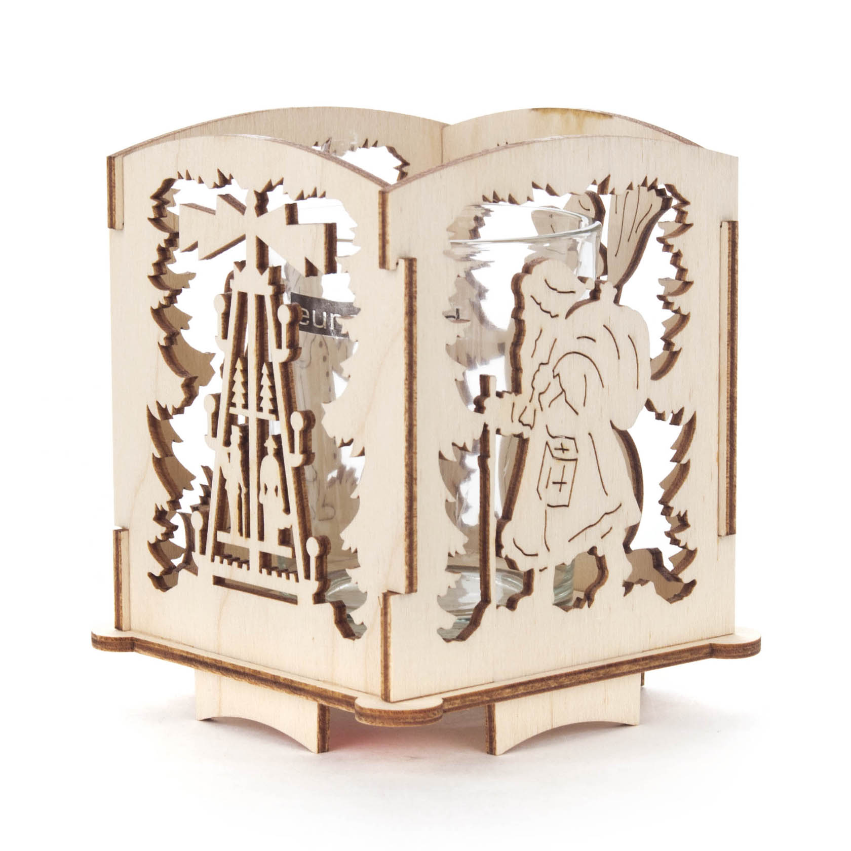 Wooden Christmas tealight holder with carved figures including a Santa and holiday decorations. im Dregeno Online Shop günstig kaufen