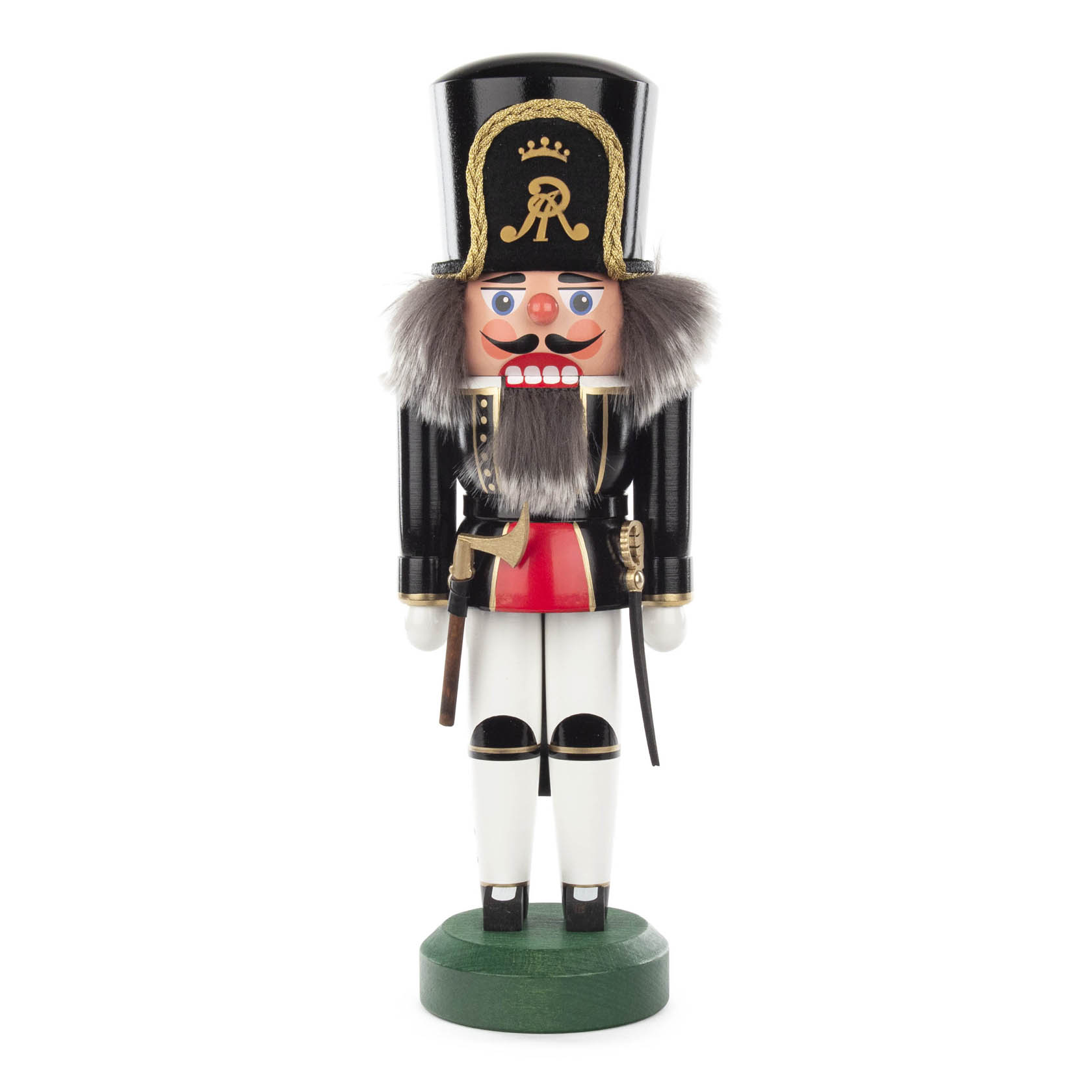 A 30cm tall Nutcracker depicting a miner, wearing a black and gold miner's hat, red and black outfit, with a grey beard and holding tools. im Dregeno Online Shop günstig kaufen