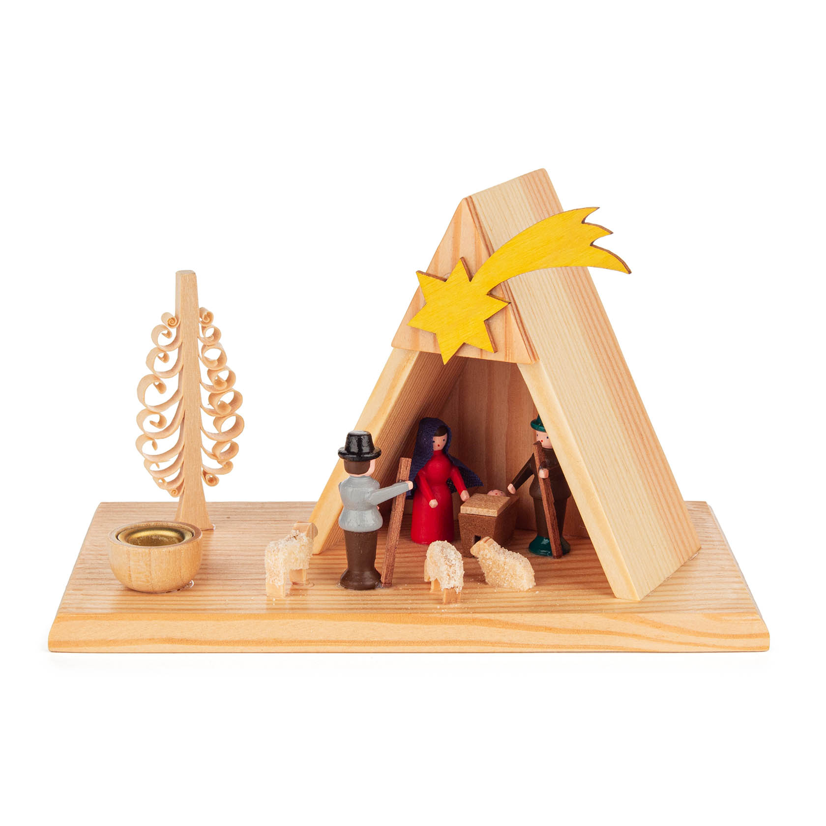 Weihnachtskrippe aus Holz mit drei Figuren: Maria, Josef und ein Hirte sowie drei Schafe. Daneben ein Kerzenhalter für eine 10mm Kerze. im Dregeno Online Shop günstig kaufen