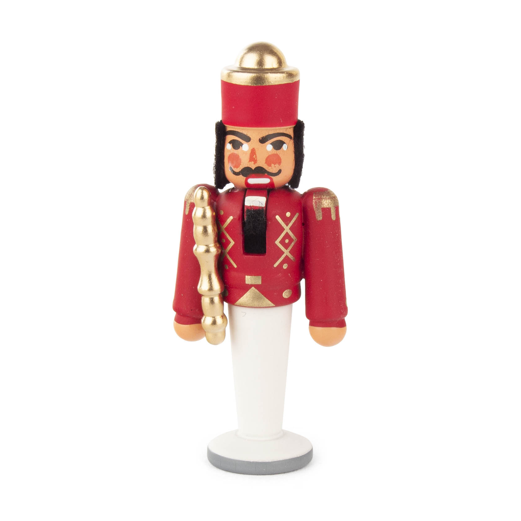 A small red nutcracker figure dressed as a king with a golden hat and decorative patterns, holding a golden scepter. It stands upright on a circular base. im Dregeno Online Shop günstig kaufen